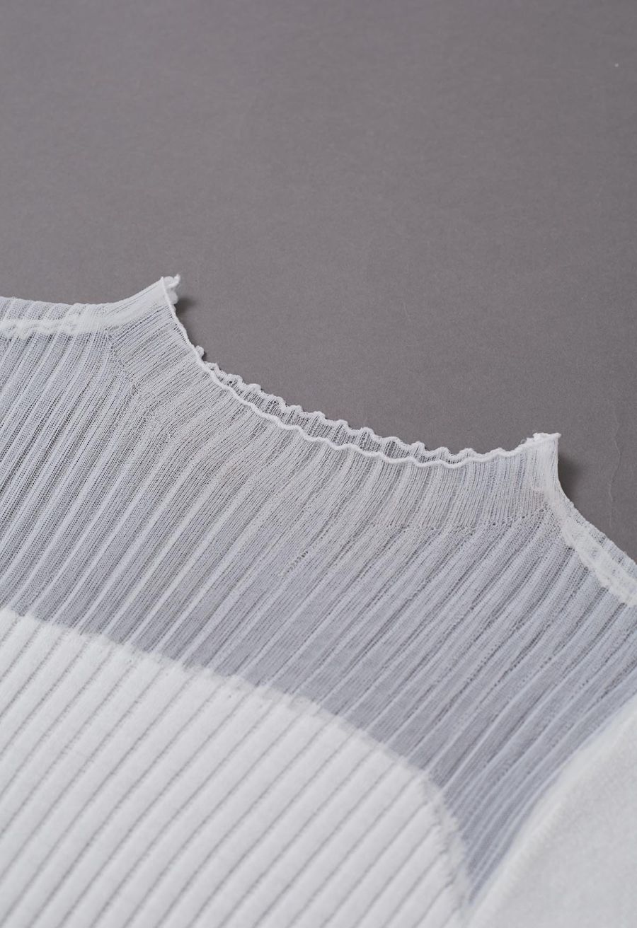 Mock Neck Asymmetric Mesh Spliced Ribbed Knit Top in White