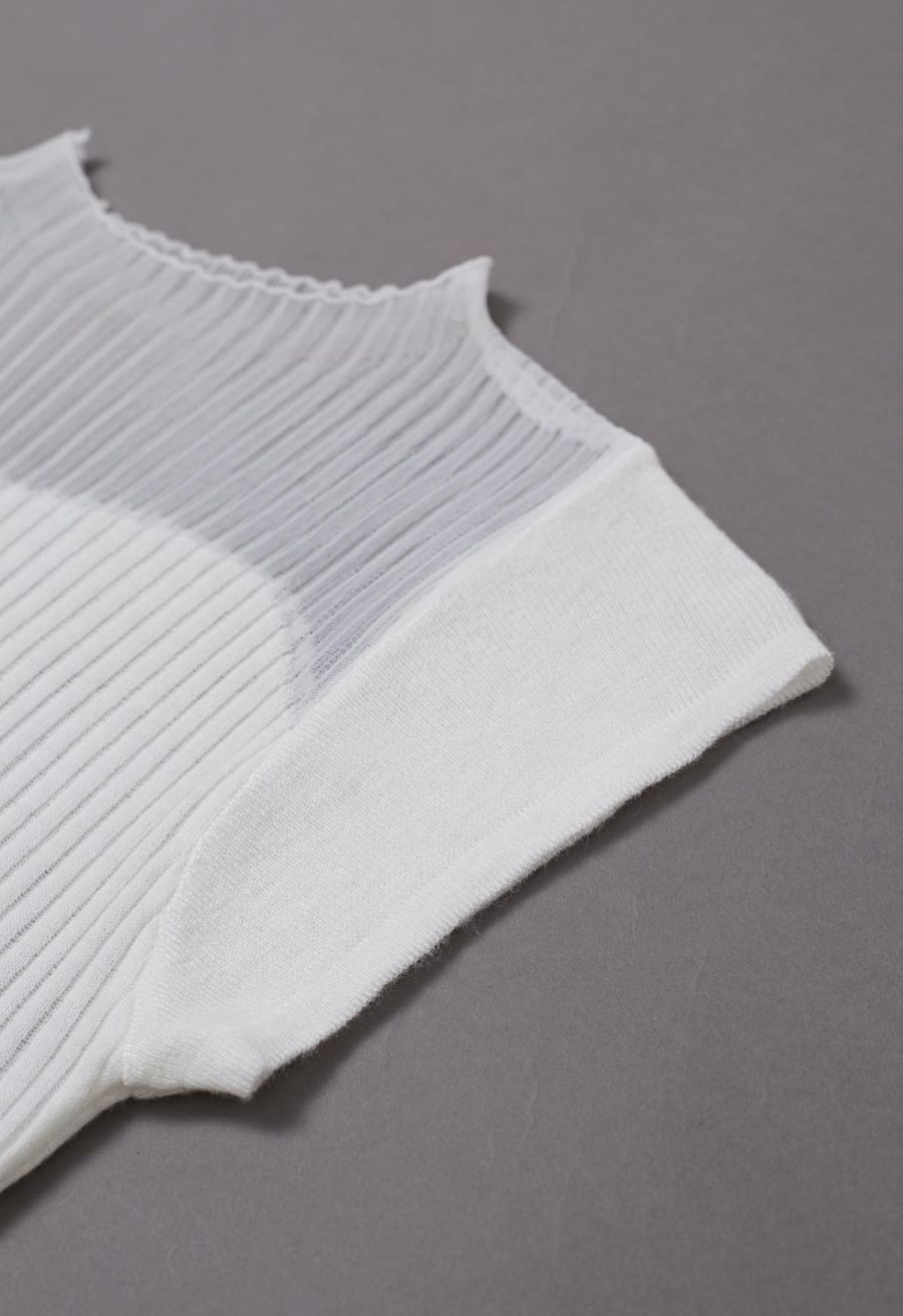 Mock Neck Asymmetric Mesh Spliced Ribbed Knit Top in White