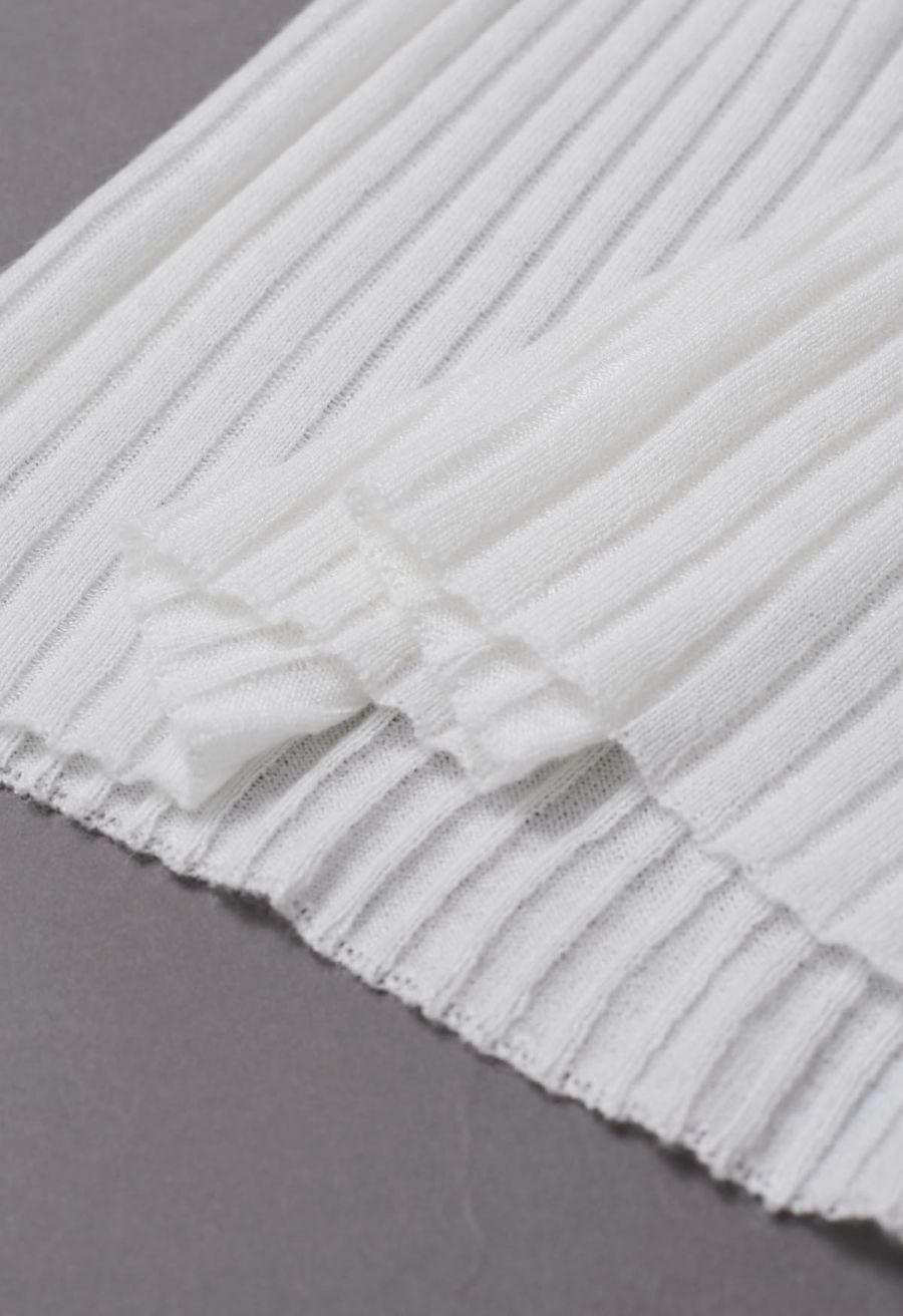 Mock Neck Asymmetric Mesh Spliced Ribbed Knit Top in White