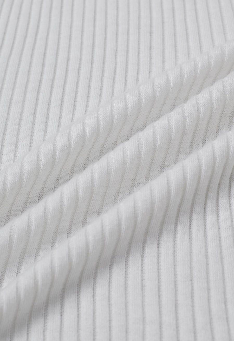 Mock Neck Asymmetric Mesh Spliced Ribbed Knit Top in White