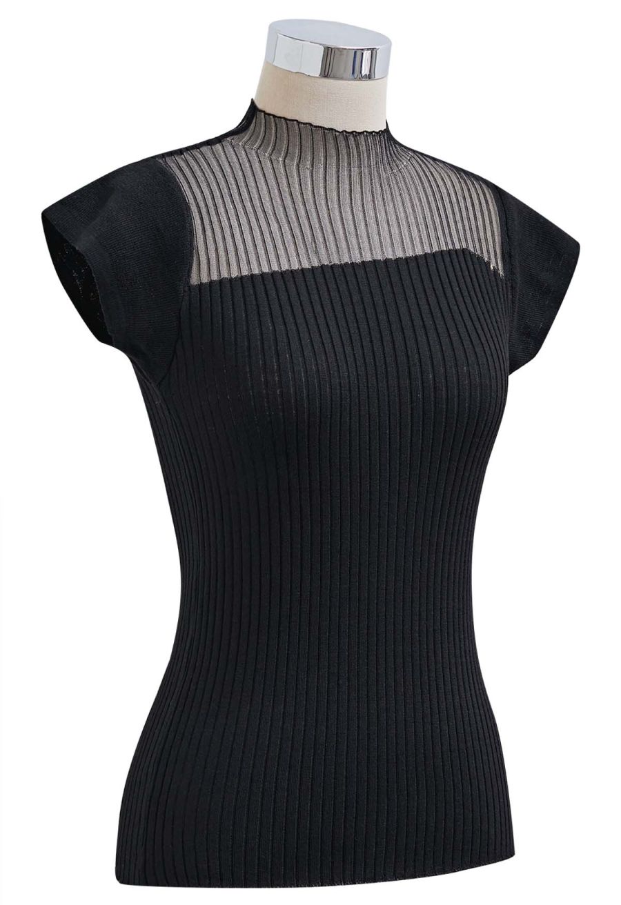 Mock Neck Asymmetric Mesh Spliced Ribbed Knit Top in Black