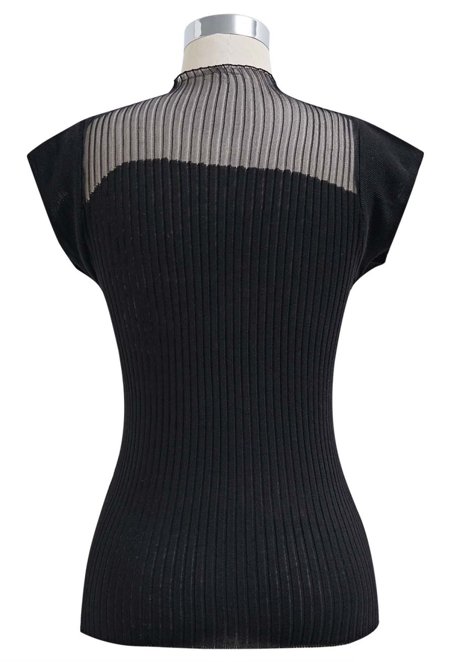 Mock Neck Asymmetric Mesh Spliced Ribbed Knit Top in Black