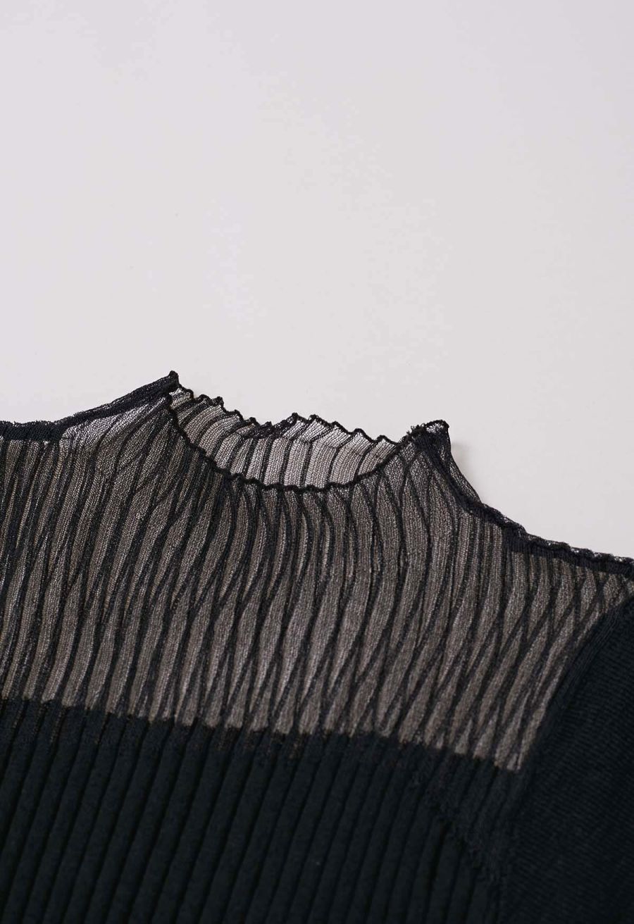 Mock Neck Asymmetric Mesh Spliced Ribbed Knit Top in Black