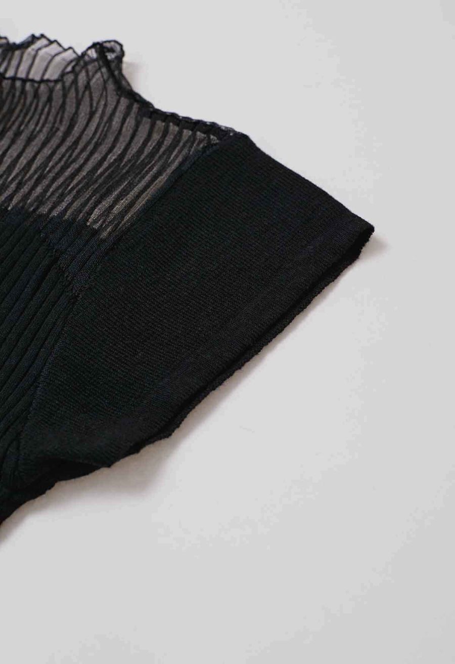Mock Neck Asymmetric Mesh Spliced Ribbed Knit Top in Black