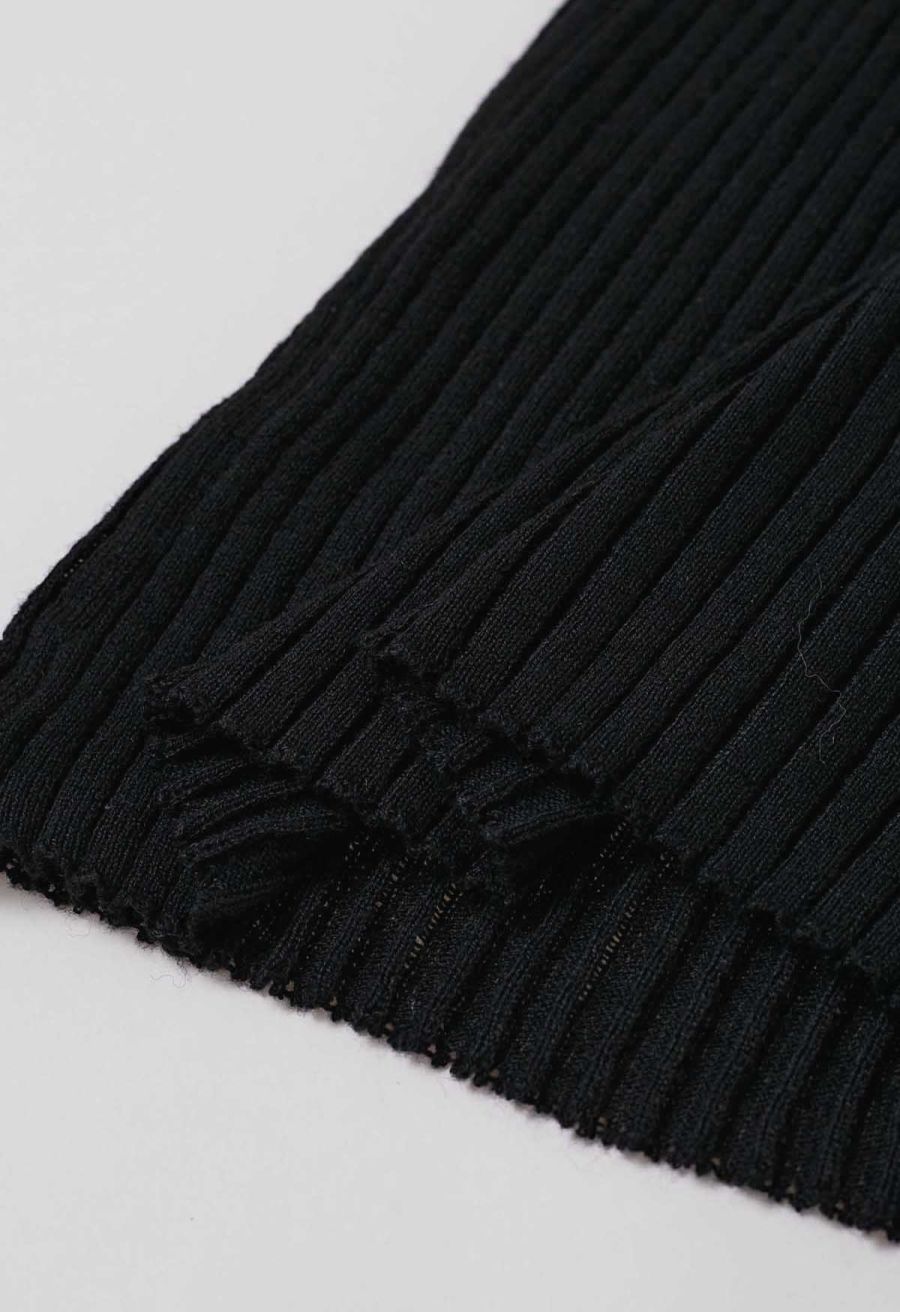 Mock Neck Asymmetric Mesh Spliced Ribbed Knit Top in Black