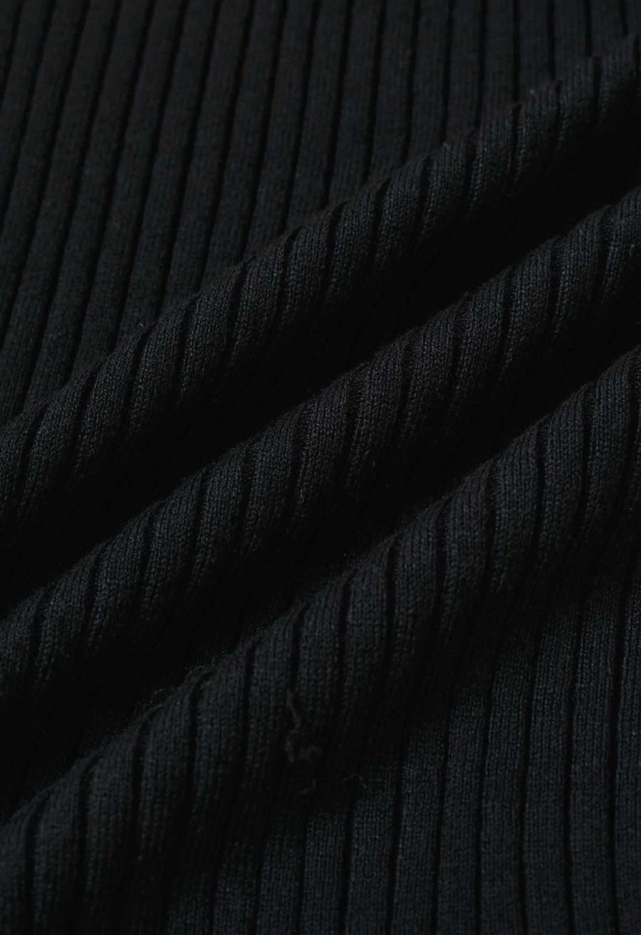 Mock Neck Asymmetric Mesh Spliced Ribbed Knit Top in Black