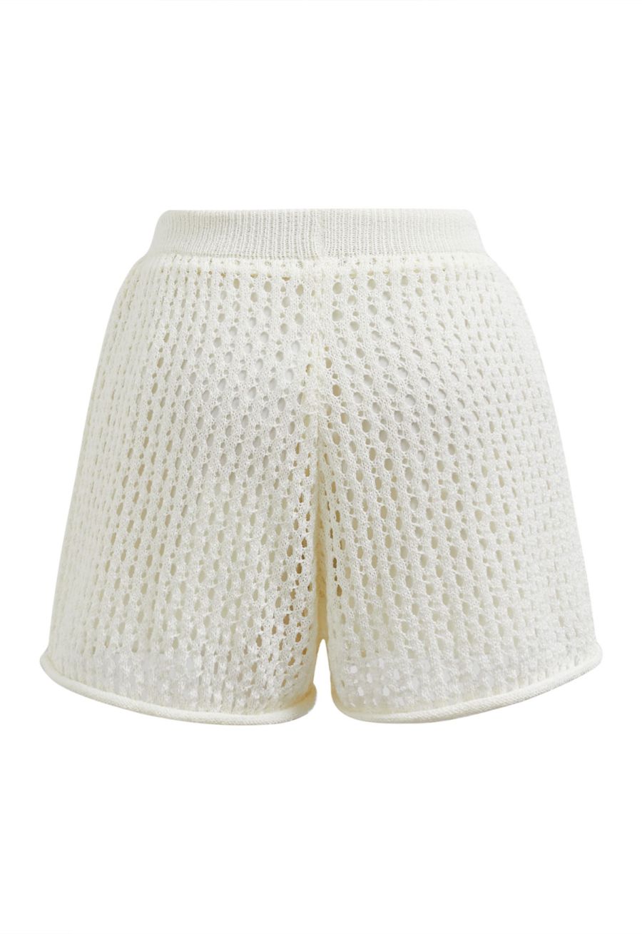 Hollow Out Tie-String Rolled Knit Shorts in Ivory