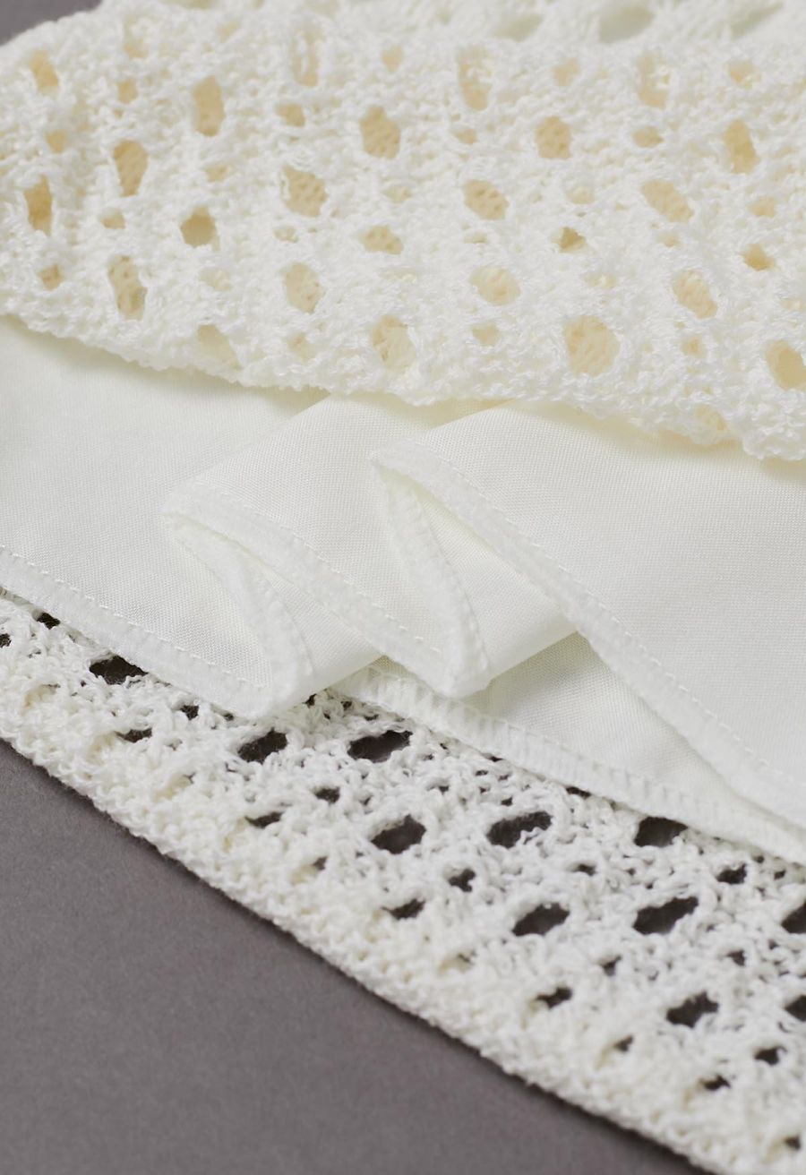 Hollow Out Tie-String Rolled Knit Shorts in Ivory