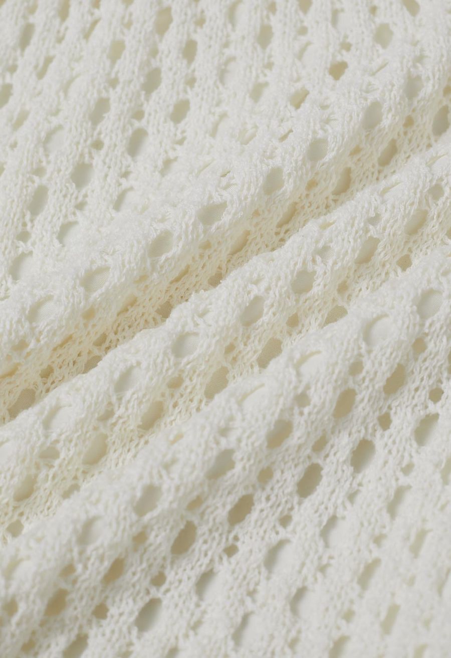 Hollow Out Tie-String Rolled Knit Shorts in Ivory