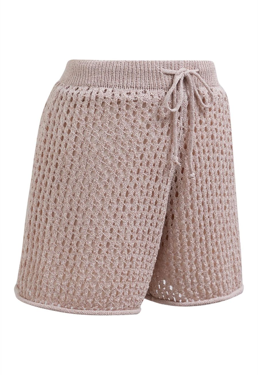Hollow Out Tie-String Rolled Knit Shorts in Dusty Pink