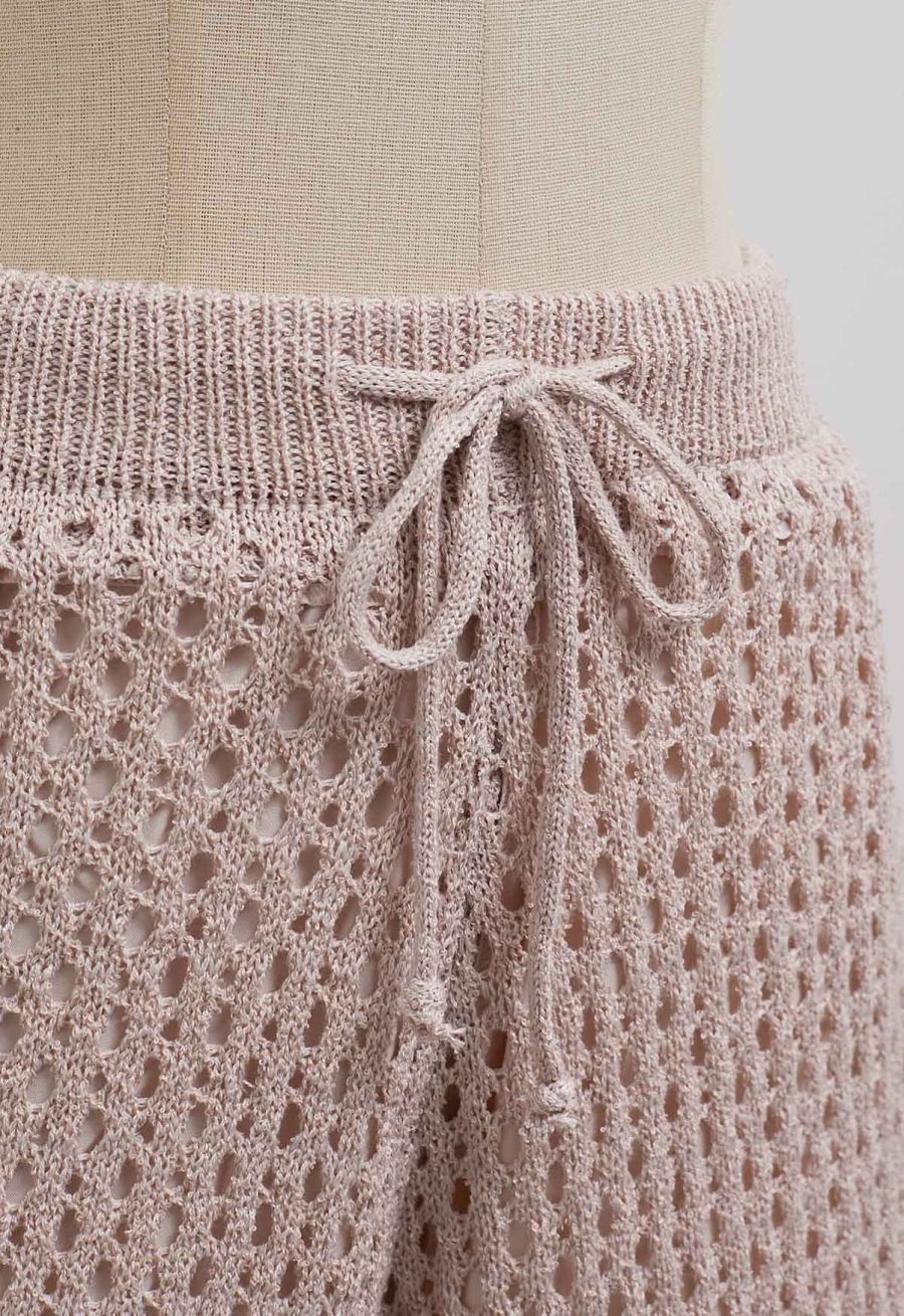 Hollow Out Tie-String Rolled Knit Shorts in Dusty Pink