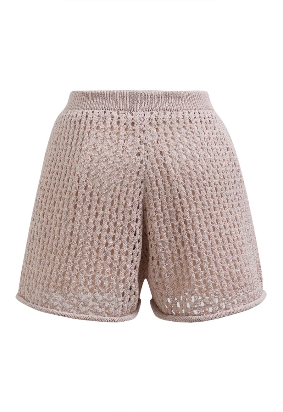 Hollow Out Tie-String Rolled Knit Shorts in Dusty Pink