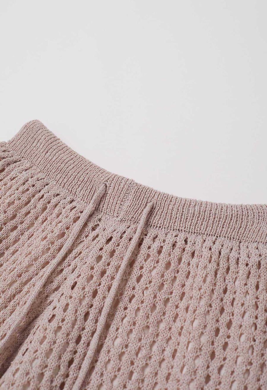 Hollow Out Tie-String Rolled Knit Shorts in Dusty Pink