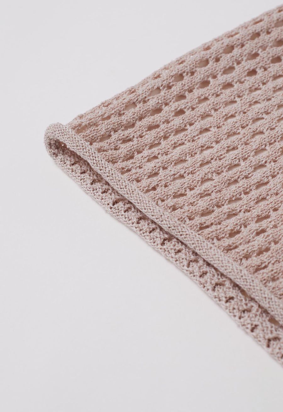 Hollow Out Tie-String Rolled Knit Shorts in Dusty Pink