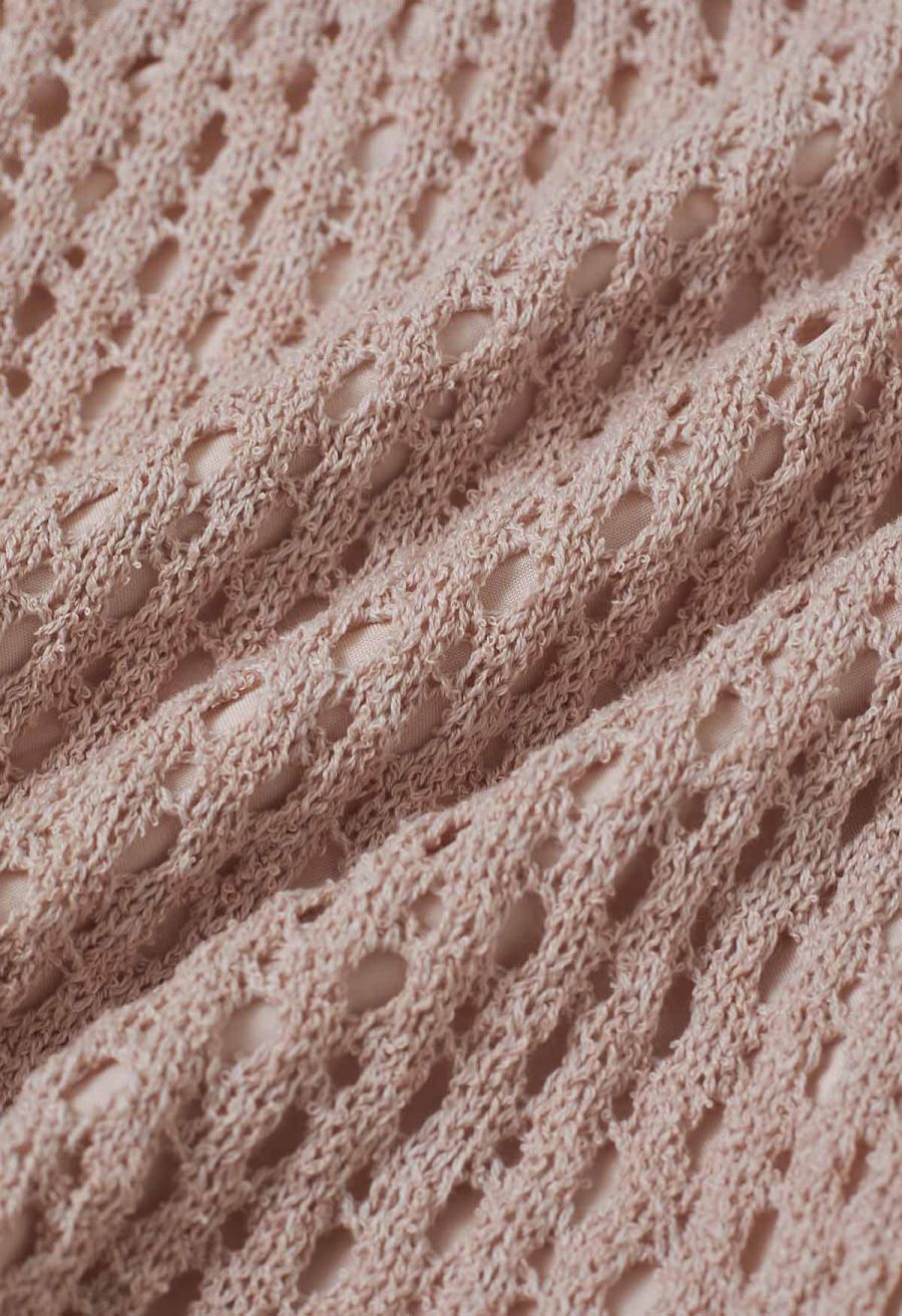 Hollow Out Tie-String Rolled Knit Shorts in Dusty Pink
