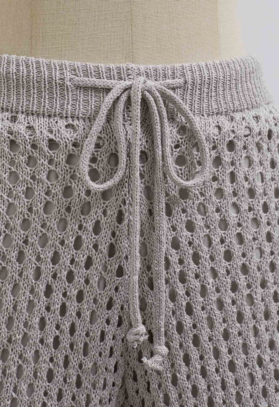 Hollow Out Tie-String Rolled Knit Shorts in Grey