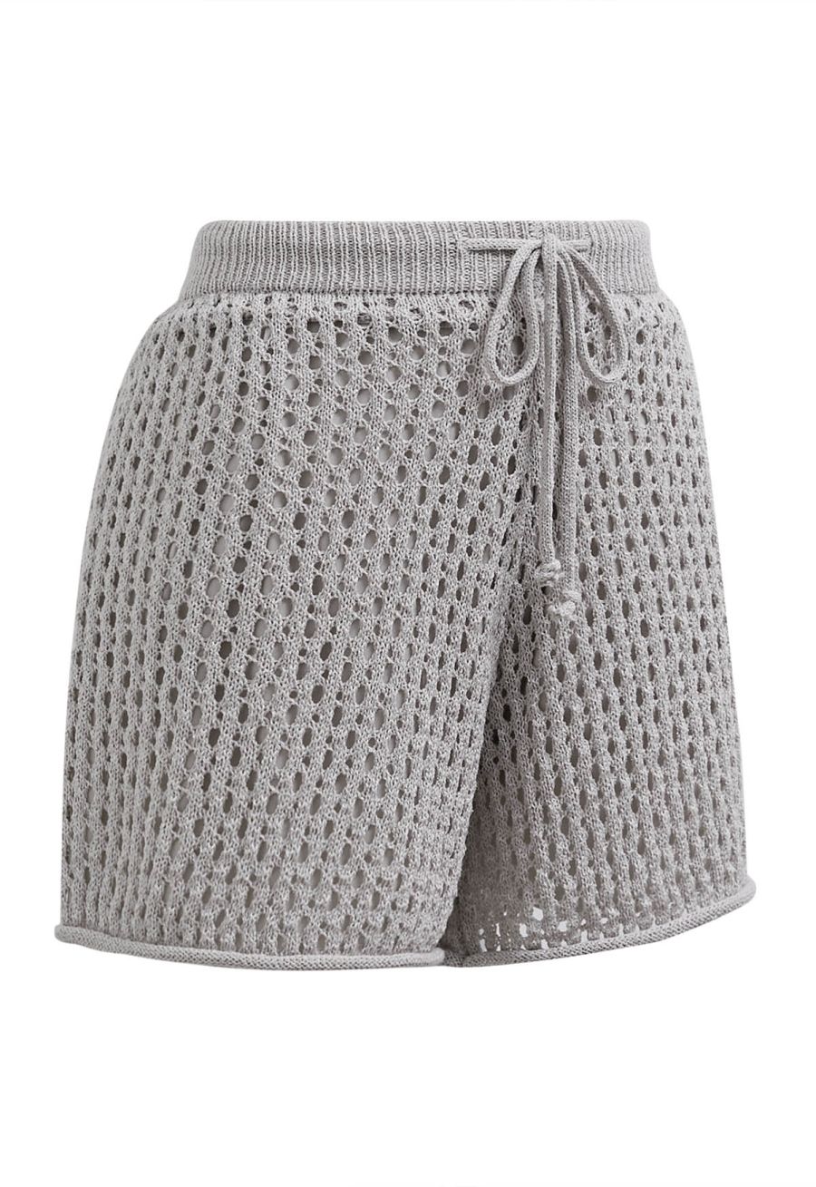 Hollow Out Tie-String Rolled Knit Shorts in Grey