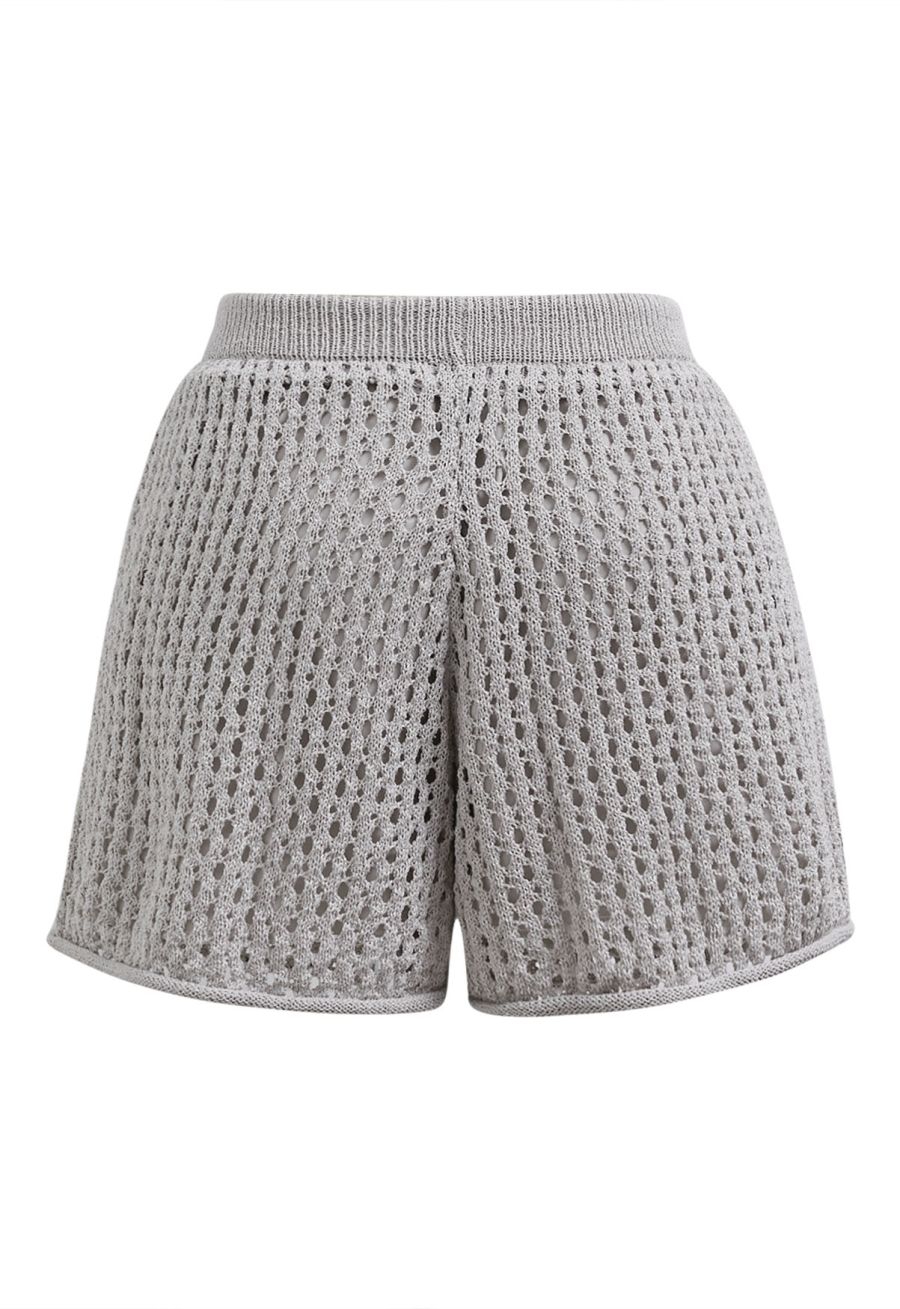 Hollow Out Tie-String Rolled Knit Shorts in Grey