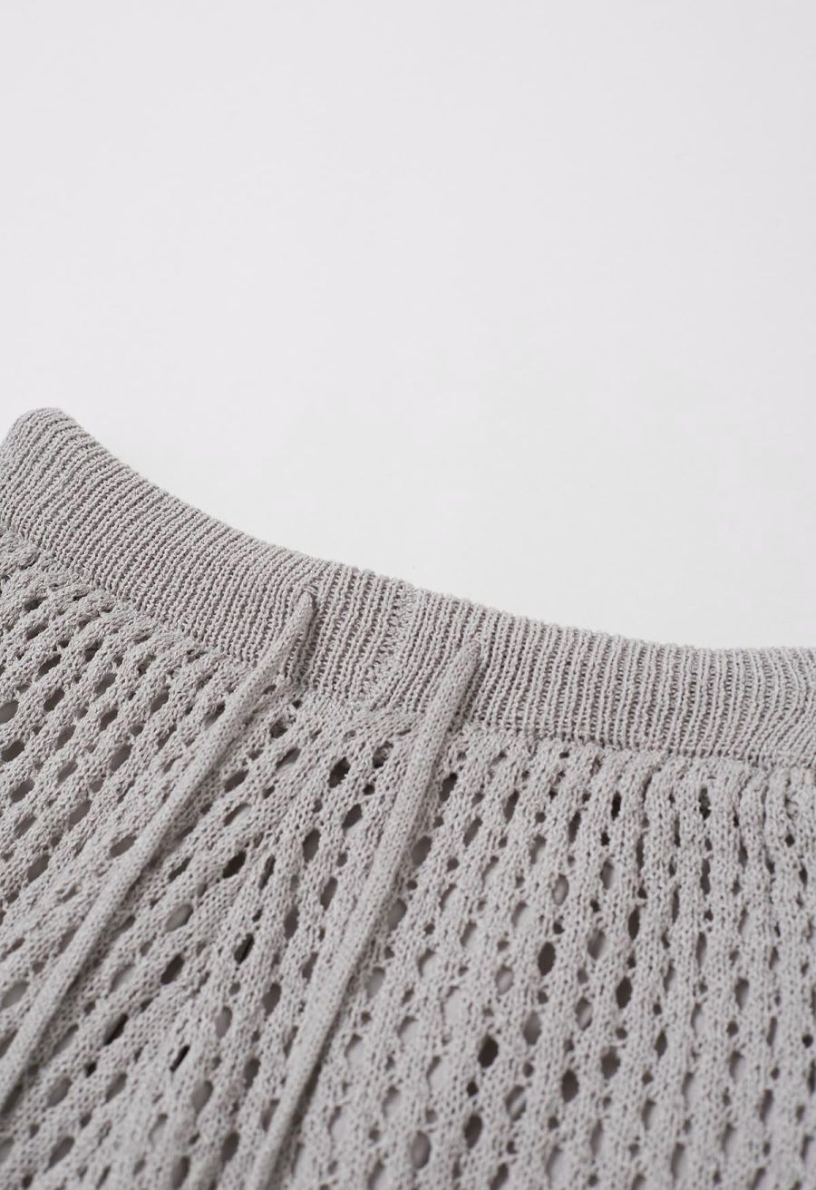 Hollow Out Tie-String Rolled Knit Shorts in Grey