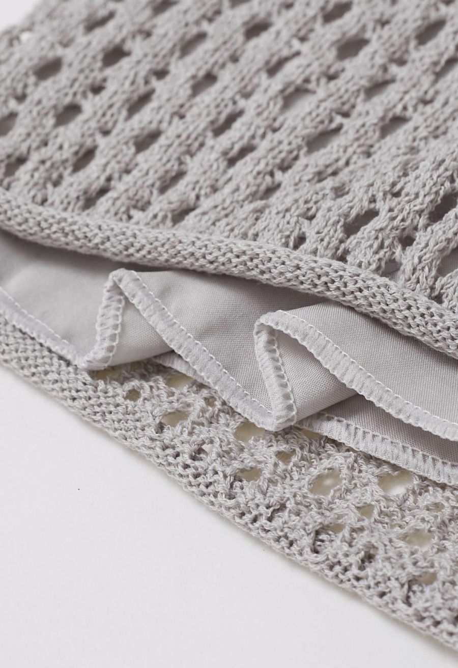 Hollow Out Tie-String Rolled Knit Shorts in Grey