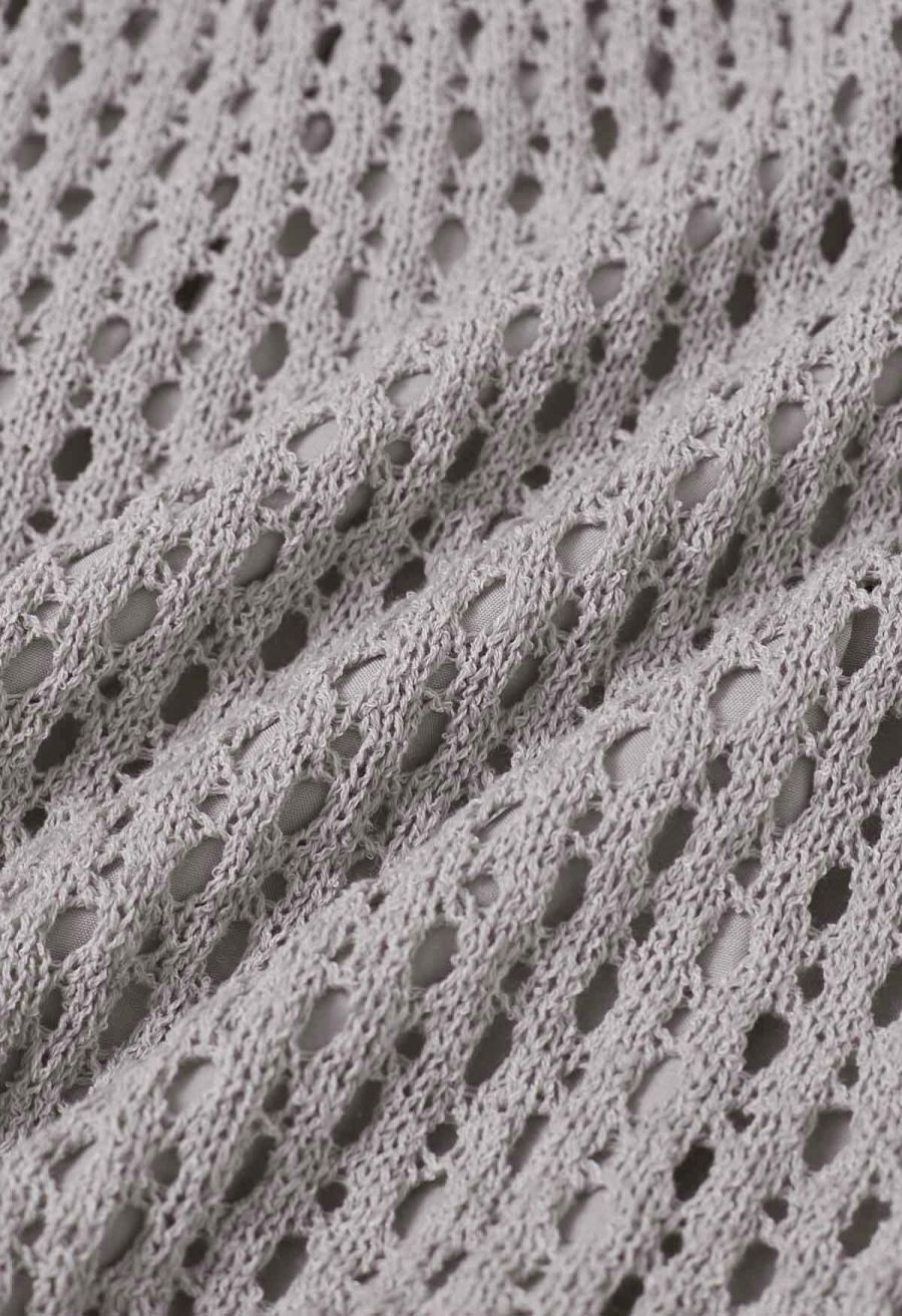 Hollow Out Tie-String Rolled Knit Shorts in Grey