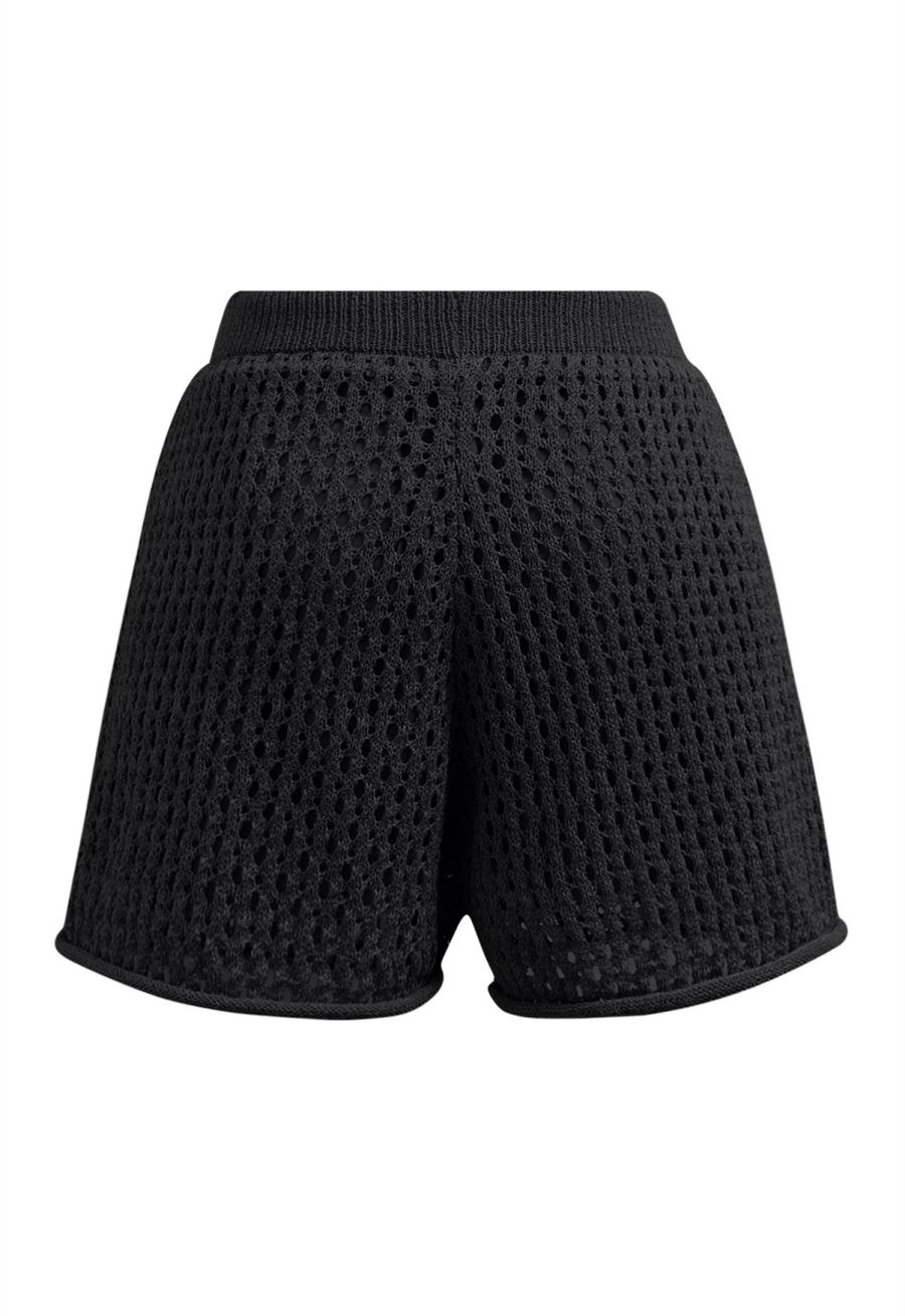 Hollow Out Tie-String Rolled Knit Shorts in Black