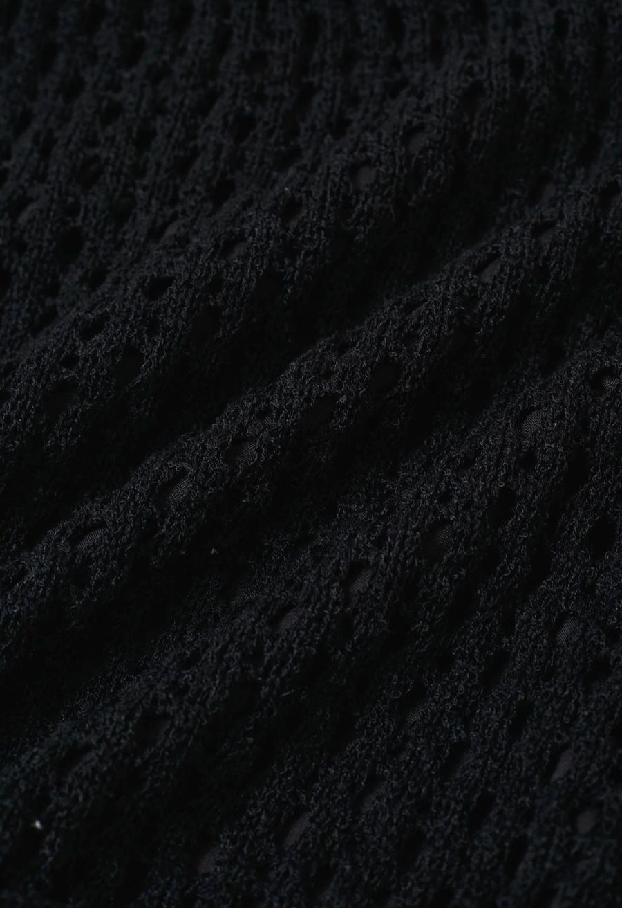 Hollow Out Tie-String Rolled Knit Shorts in Black