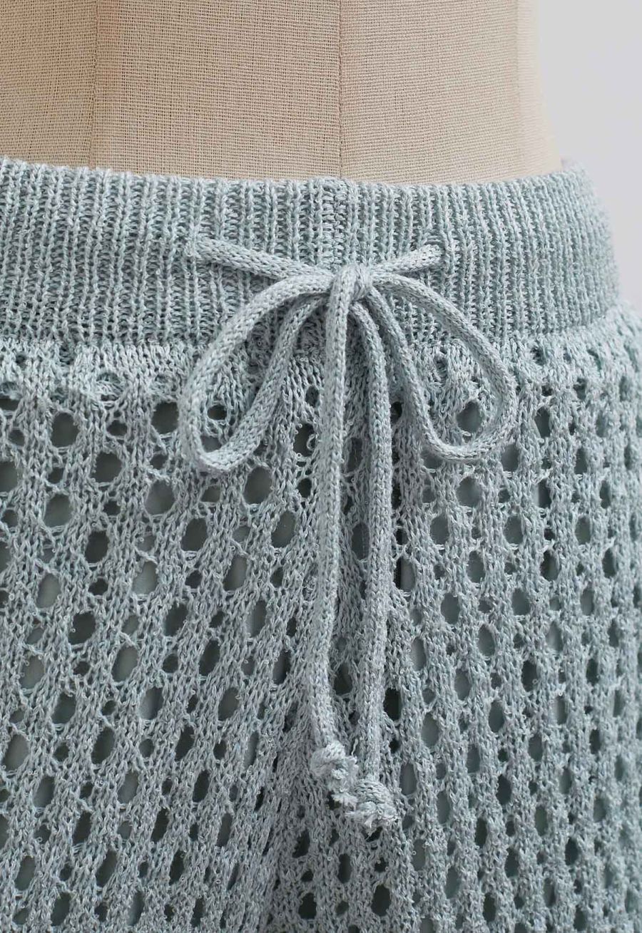 Hollow Out Tie-String Rolled Knit Shorts in Light Blue