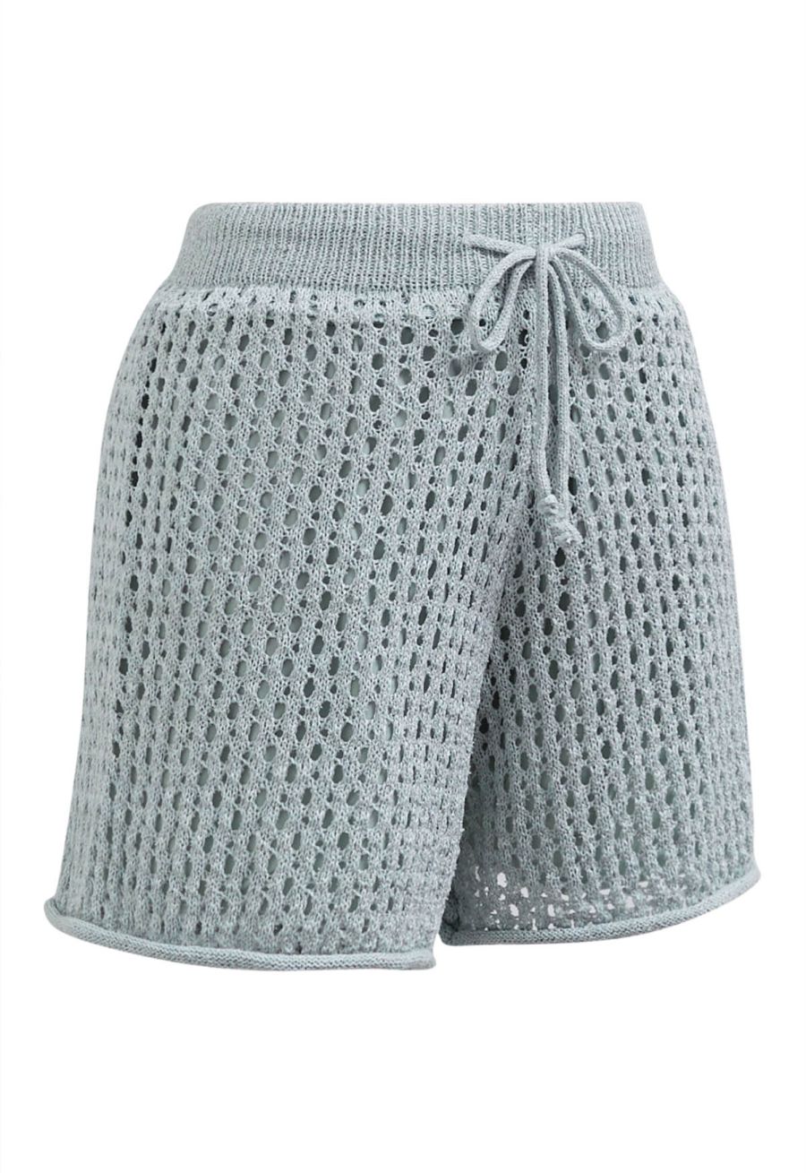 Hollow Out Tie-String Rolled Knit Shorts in Light Blue