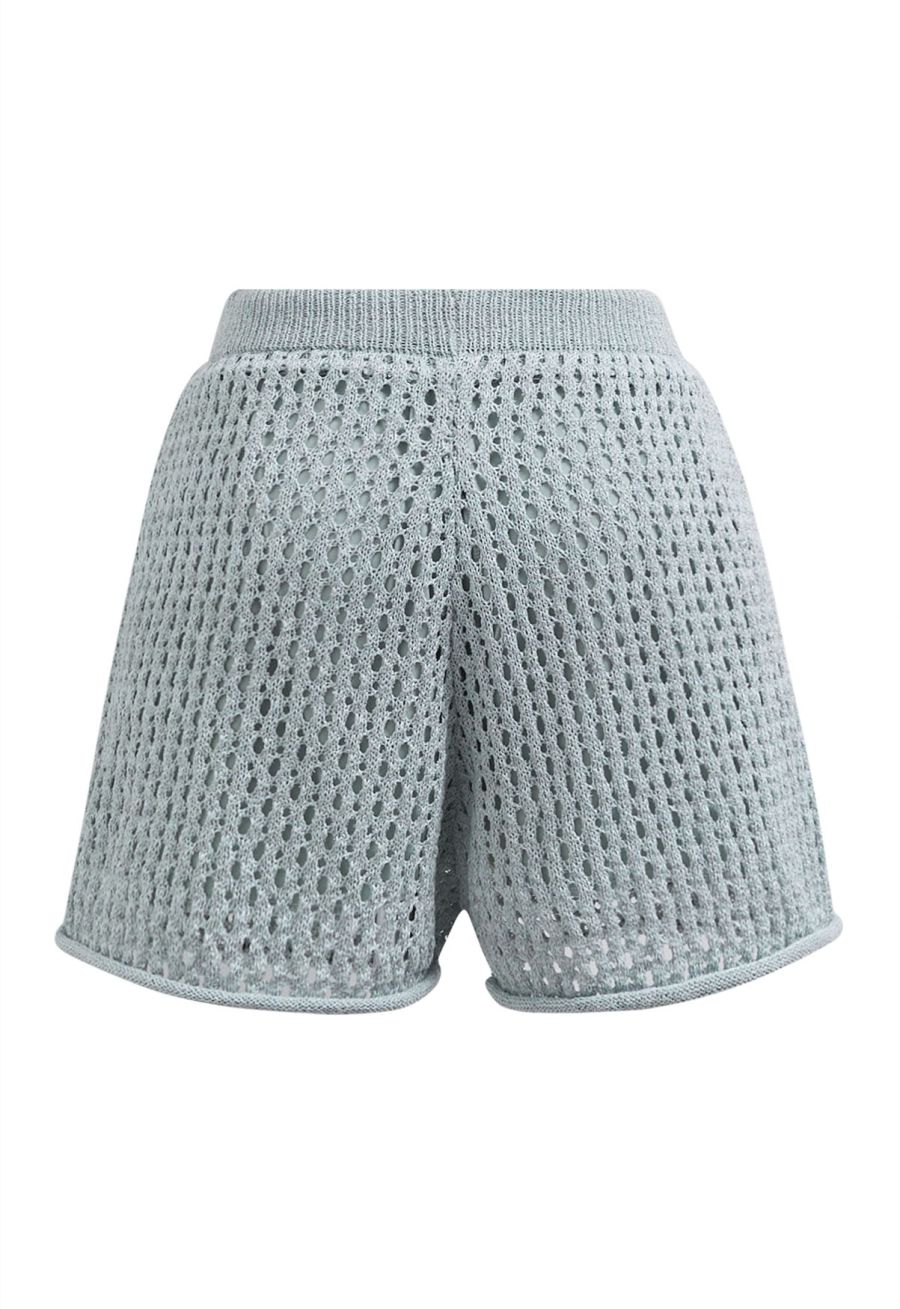 Hollow Out Tie-String Rolled Knit Shorts in Light Blue