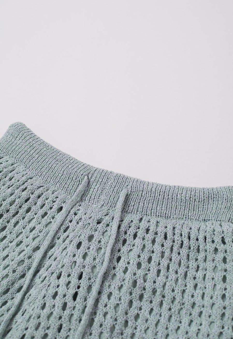 Hollow Out Tie-String Rolled Knit Shorts in Light Blue