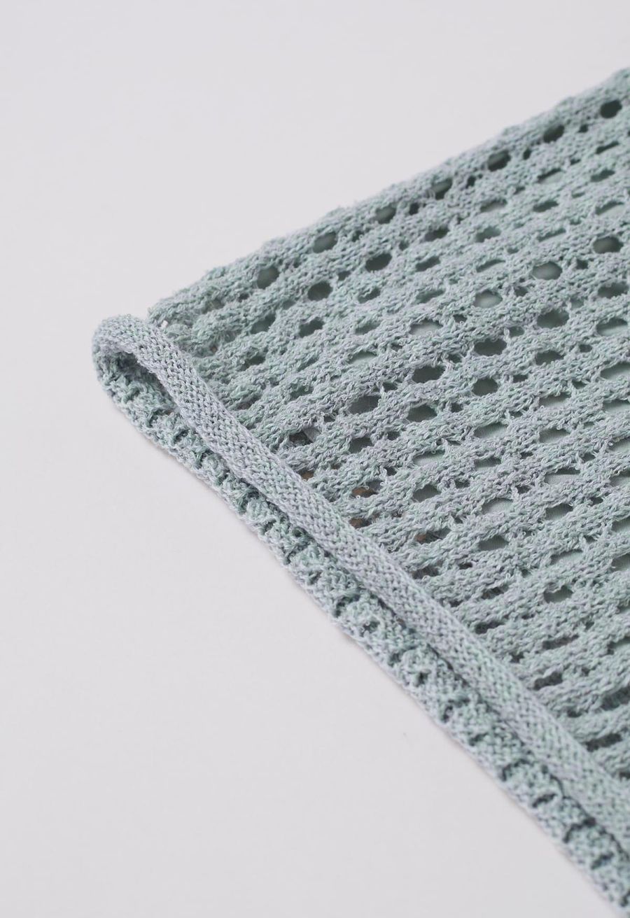 Hollow Out Tie-String Rolled Knit Shorts in Light Blue