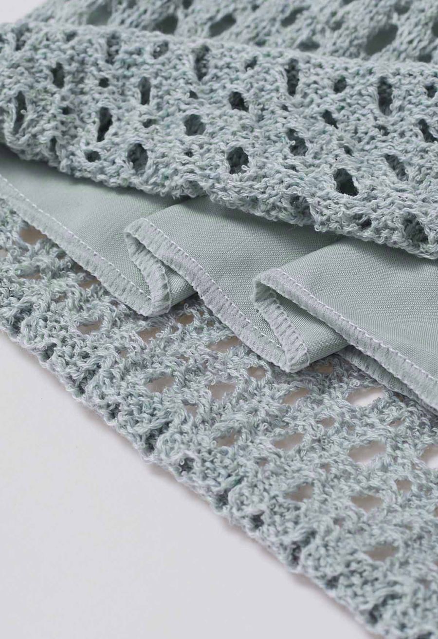 Hollow Out Tie-String Rolled Knit Shorts in Light Blue