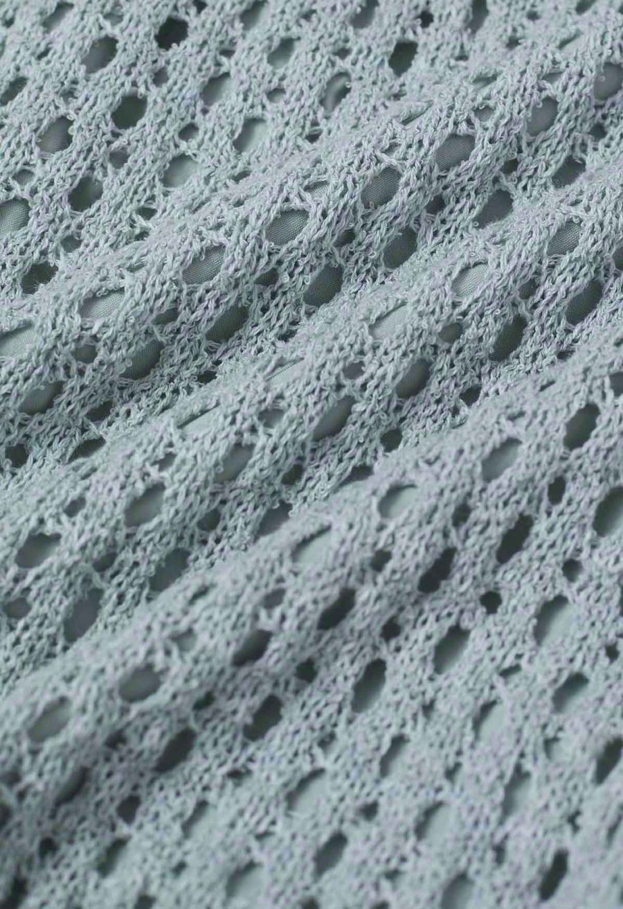 Hollow Out Tie-String Rolled Knit Shorts in Light Blue