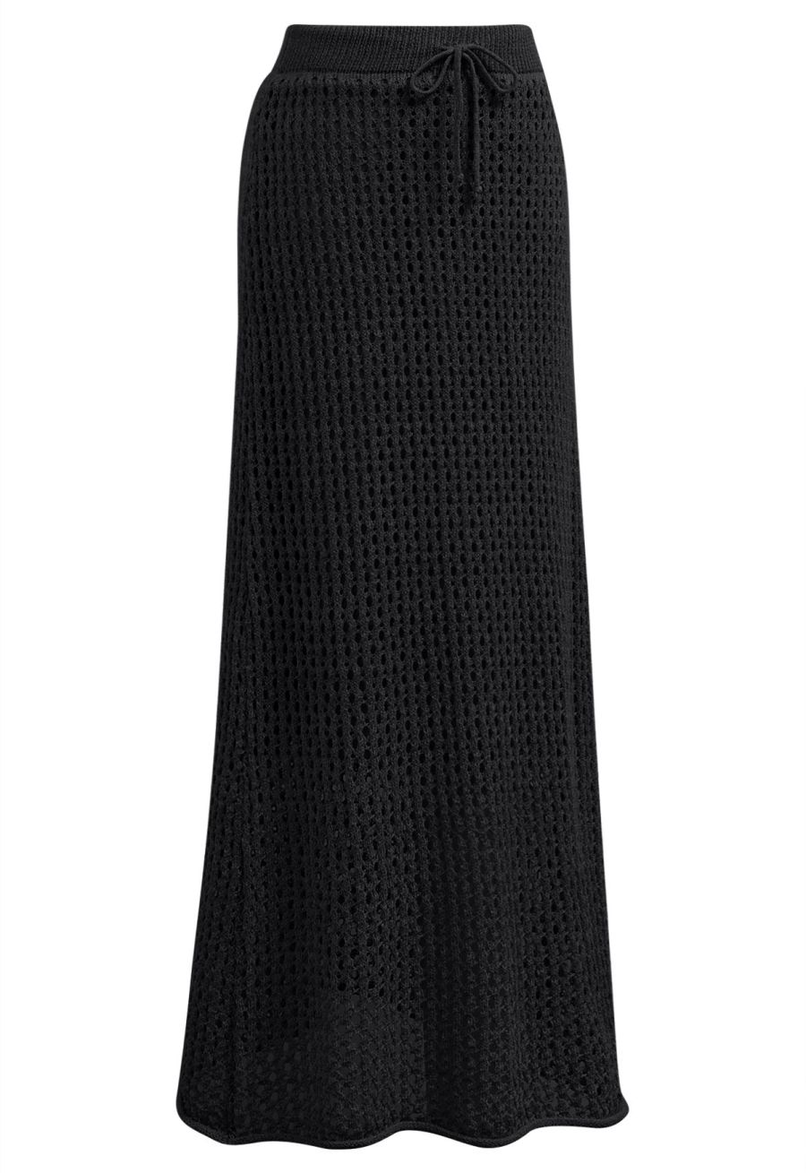 Hollow Out Rolled Hemline Drawstring Knit Maxi Skirt in Black