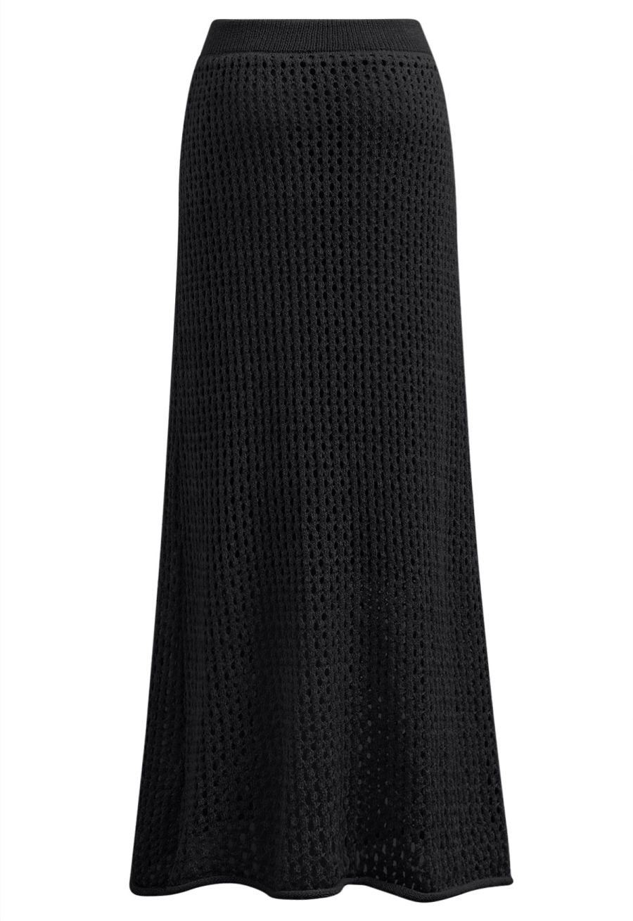 Hollow Out Rolled Hemline Drawstring Knit Maxi Skirt in Black