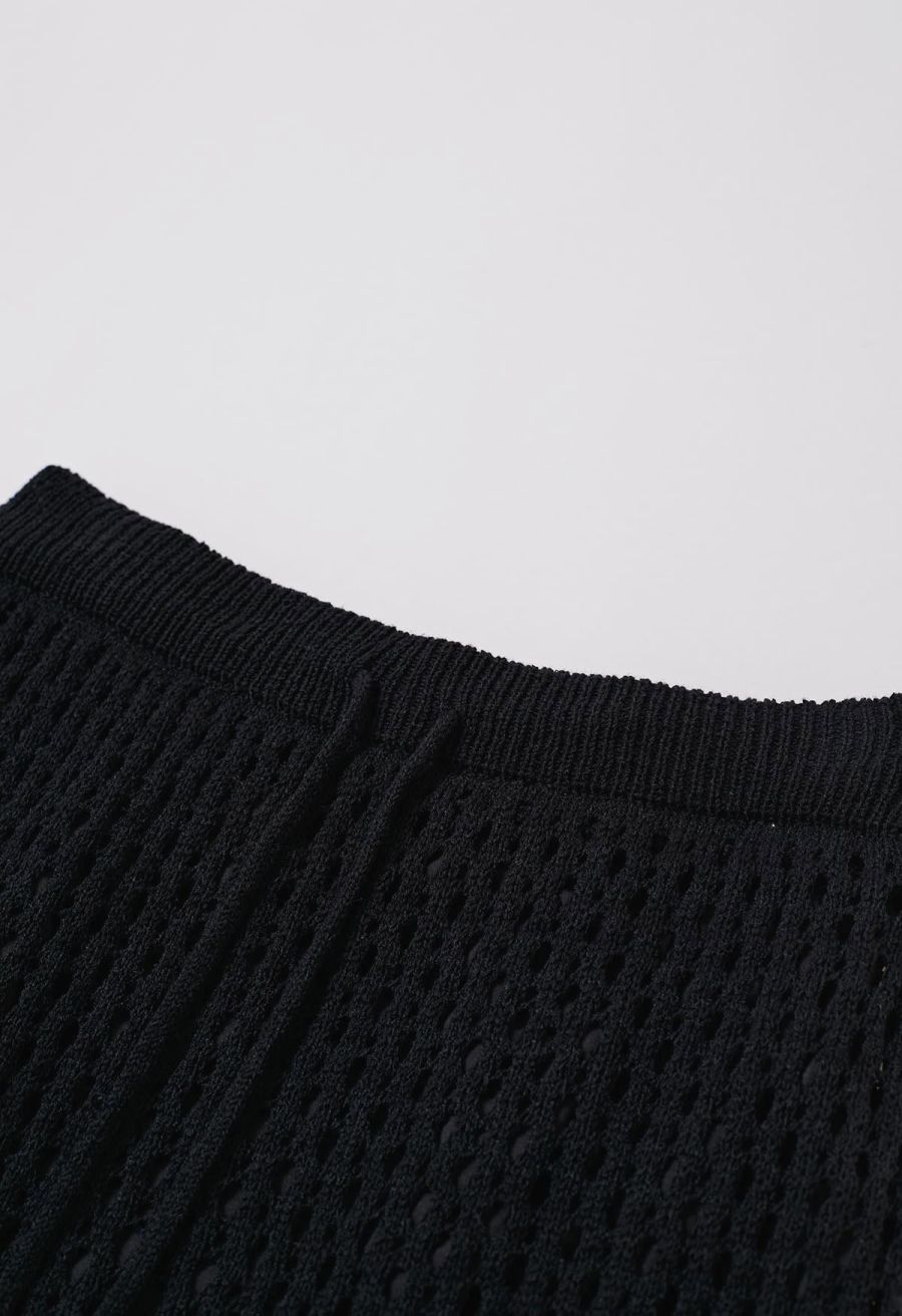 Hollow Out Rolled Hemline Drawstring Knit Maxi Skirt in Black