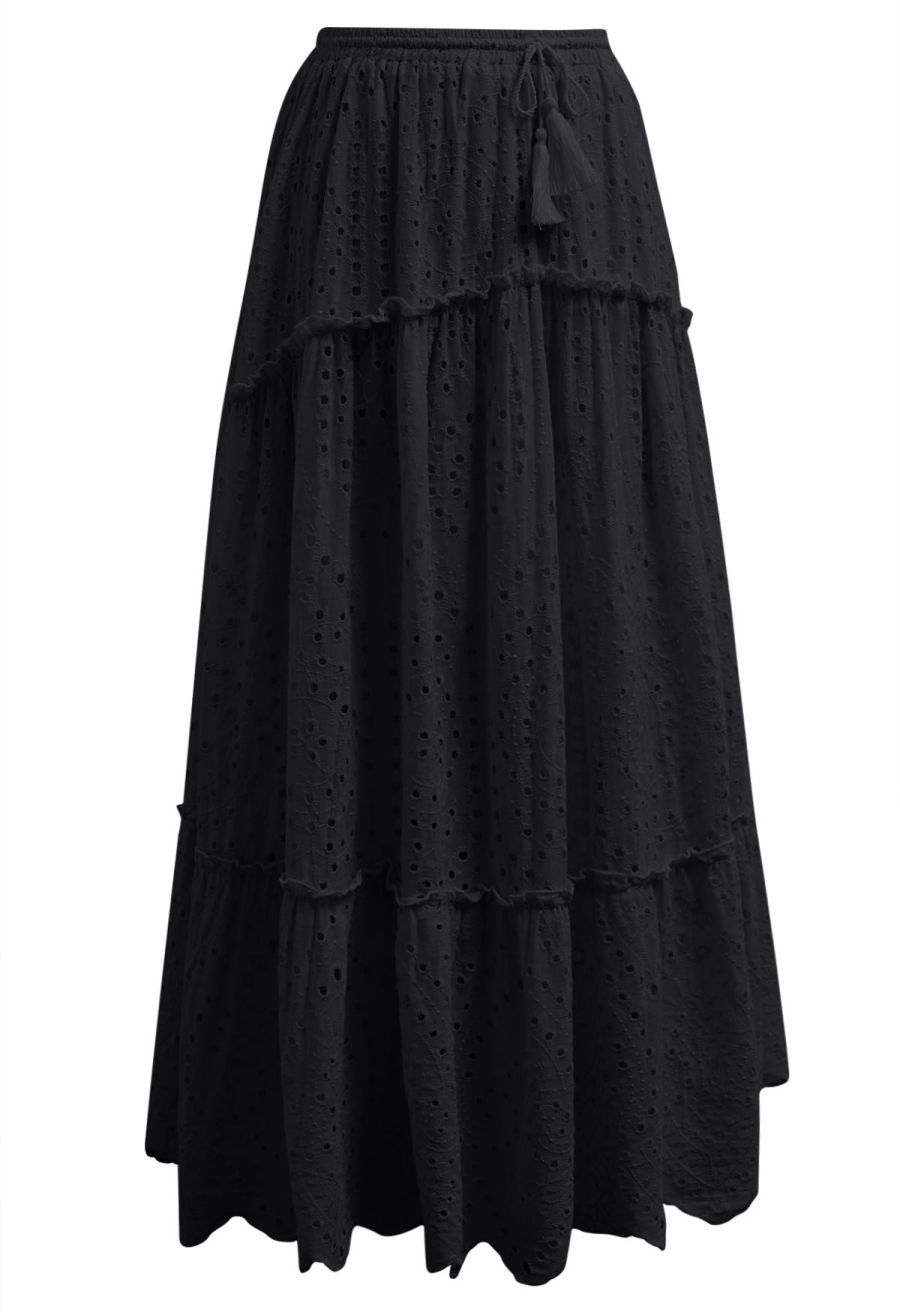 Eyelet Embroidery Tassel String Maxi Skirt in Black