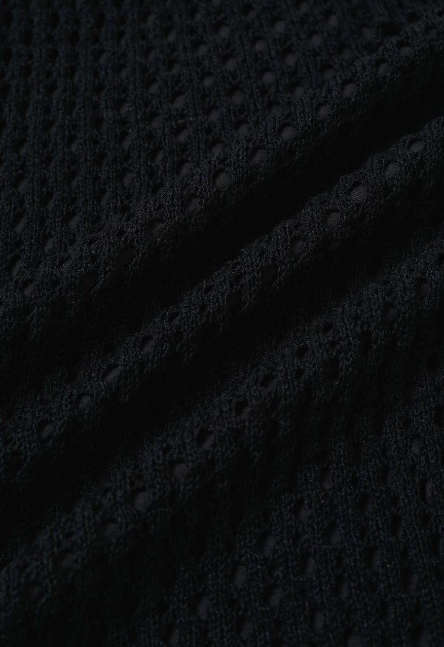 Hollow Out Rolled Hemline Drawstring Knit Maxi Skirt in Black