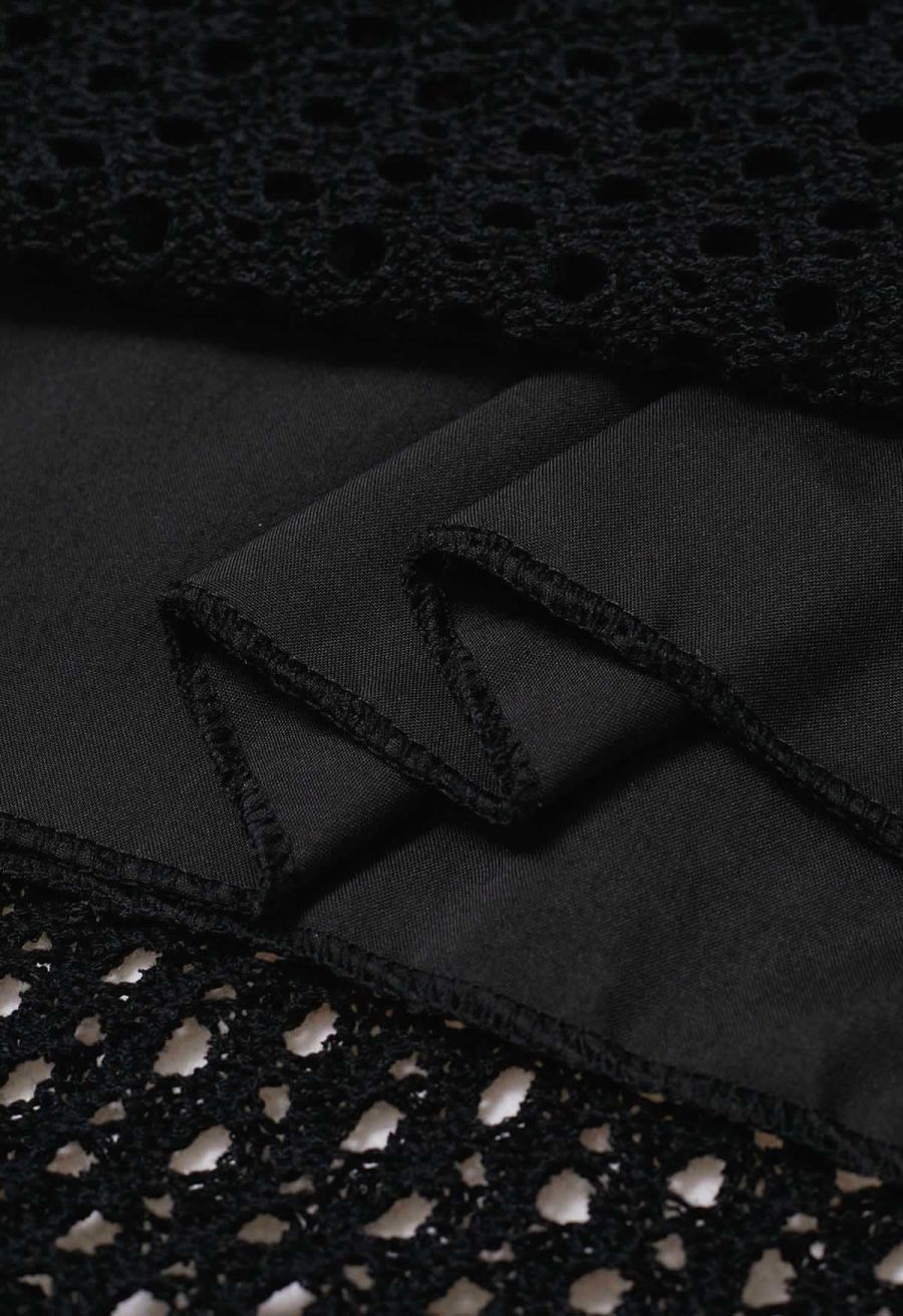 Hollow Out Rolled Hemline Drawstring Knit Maxi Skirt in Black