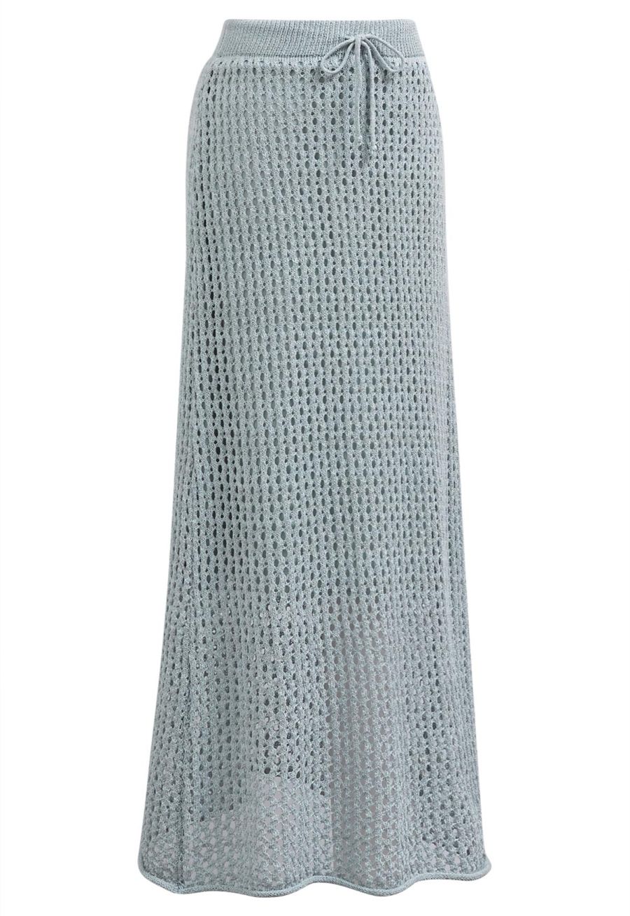 Hollow Out Rolled Hemline Drawstring Knit Maxi Skirt in Light Blue