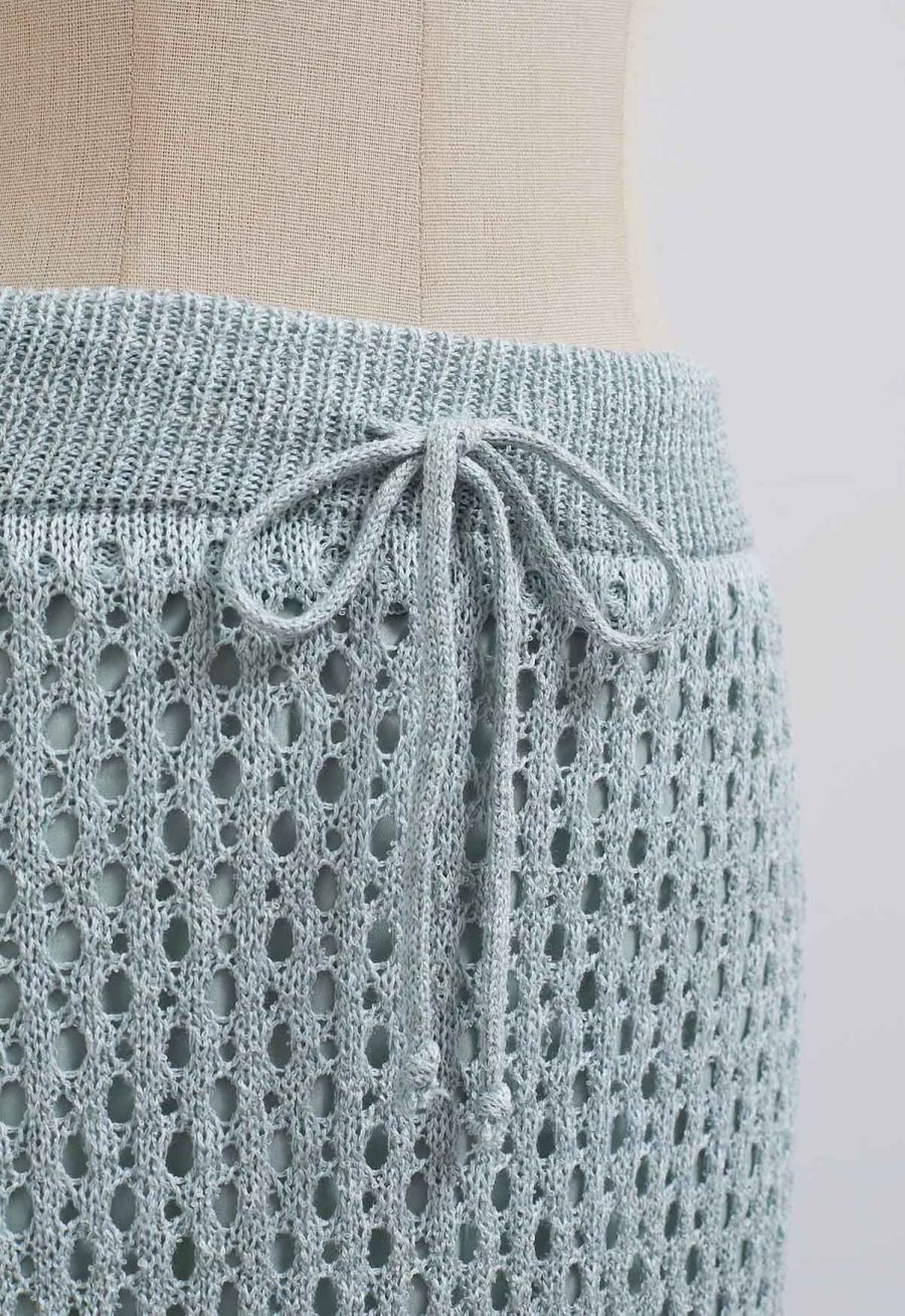Hollow Out Rolled Hemline Drawstring Knit Maxi Skirt in Light Blue