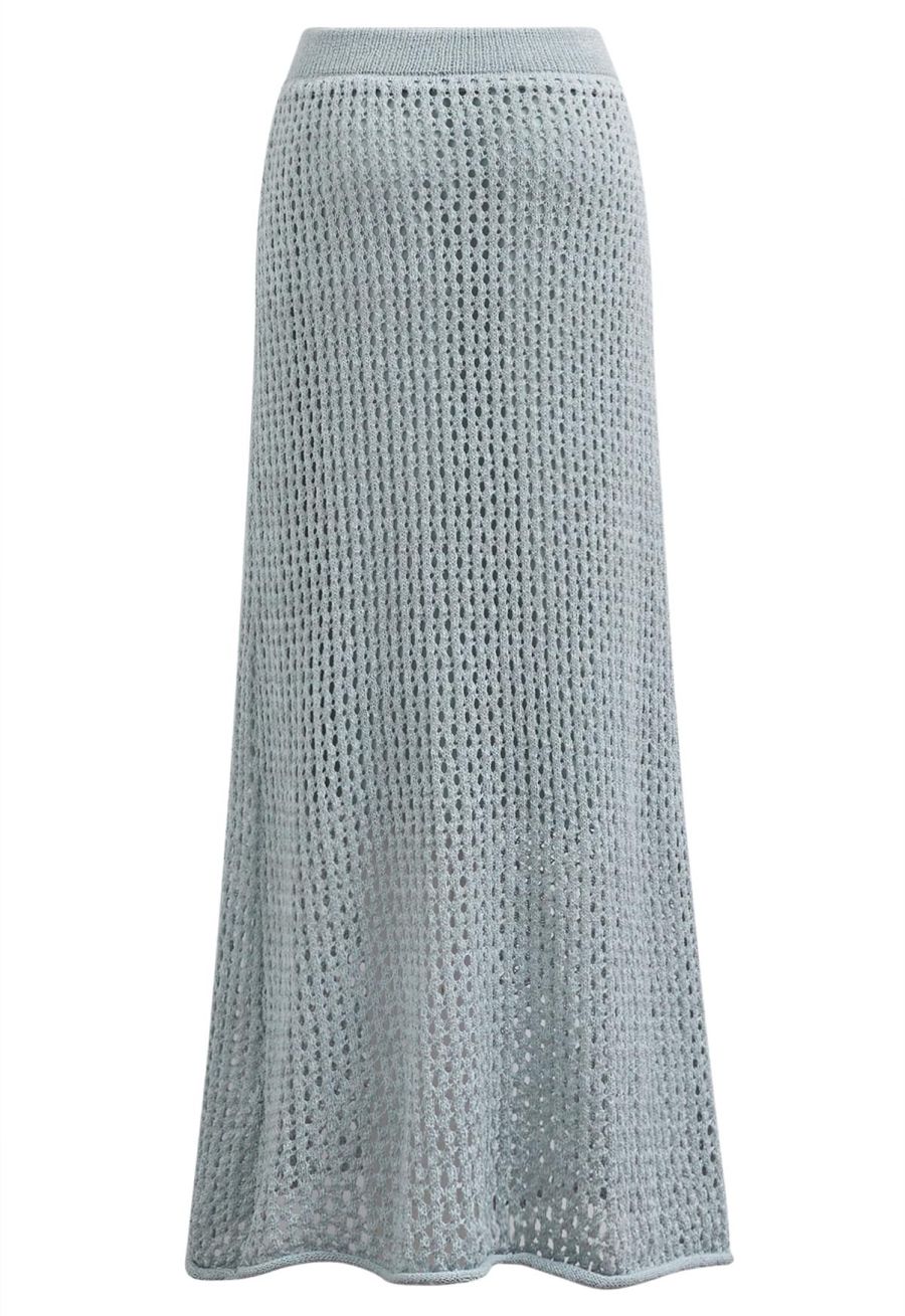 Hollow Out Rolled Hemline Drawstring Knit Maxi Skirt in Light Blue