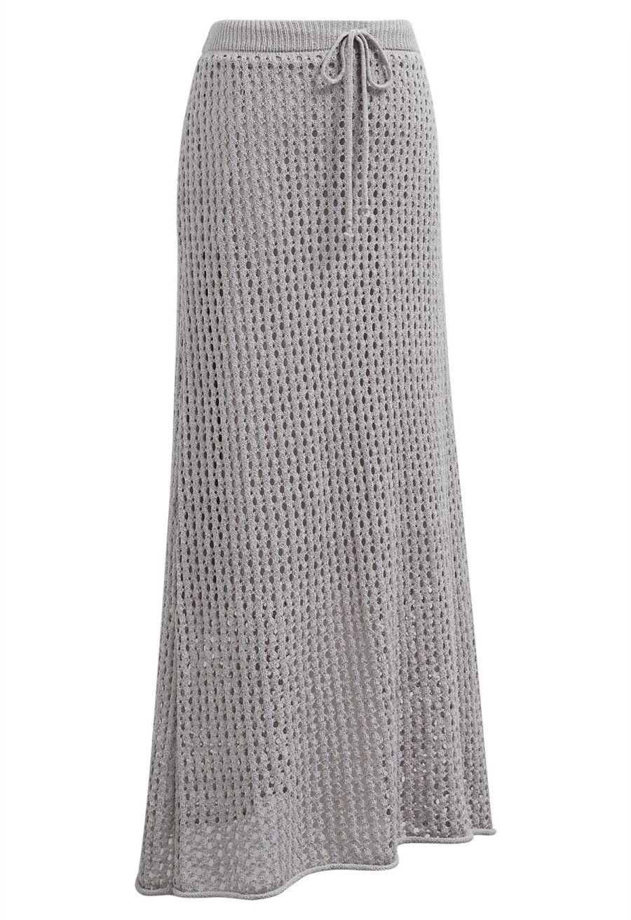 Hollow Out Rolled Hemline Drawstring Knit Maxi Skirt in Grey