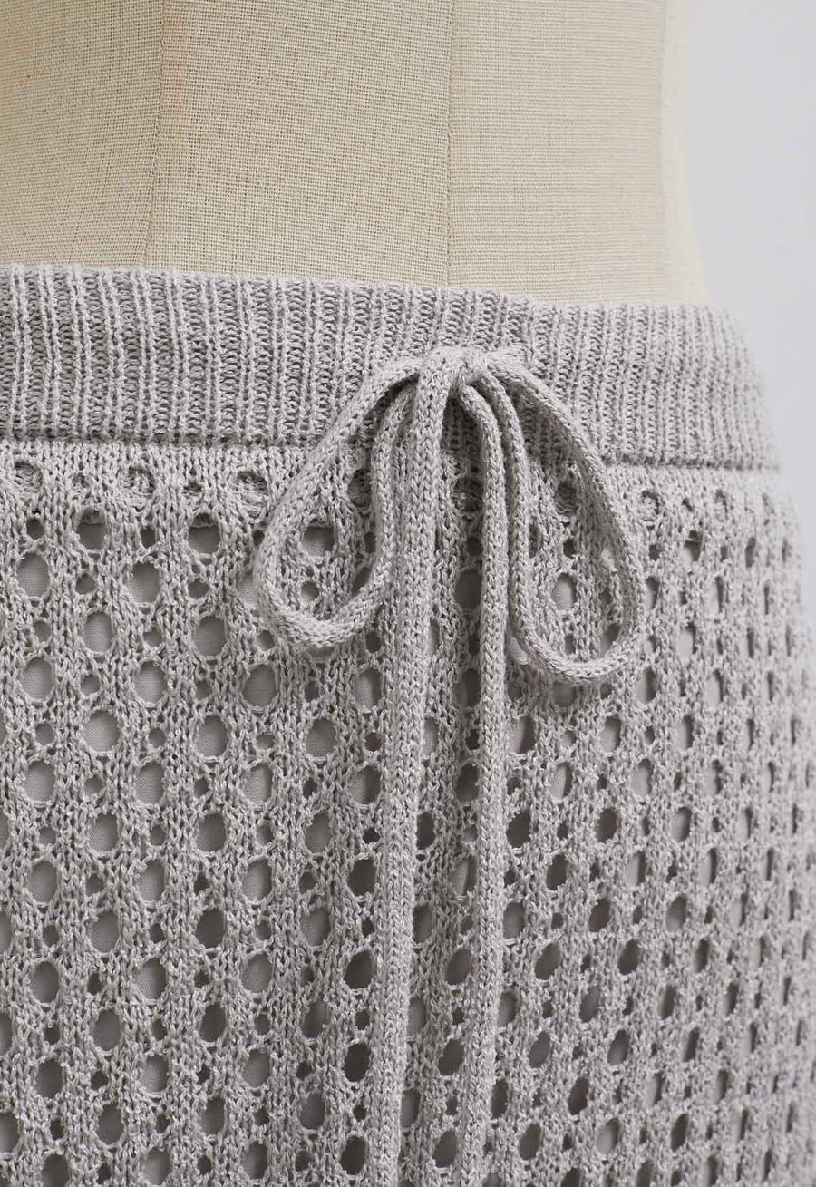 Hollow Out Rolled Hemline Drawstring Knit Maxi Skirt in Grey