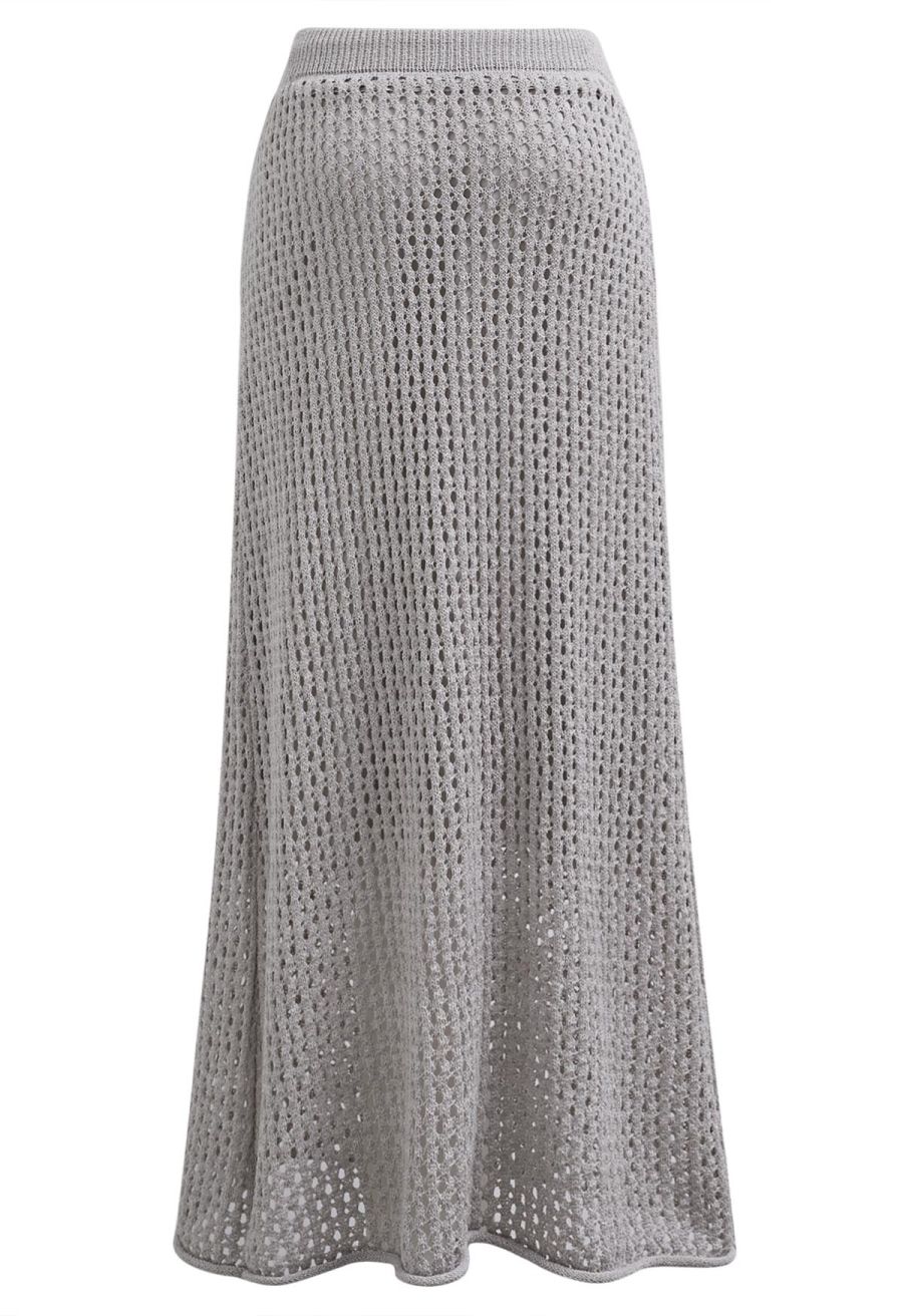 Hollow Out Rolled Hemline Drawstring Knit Maxi Skirt in Grey