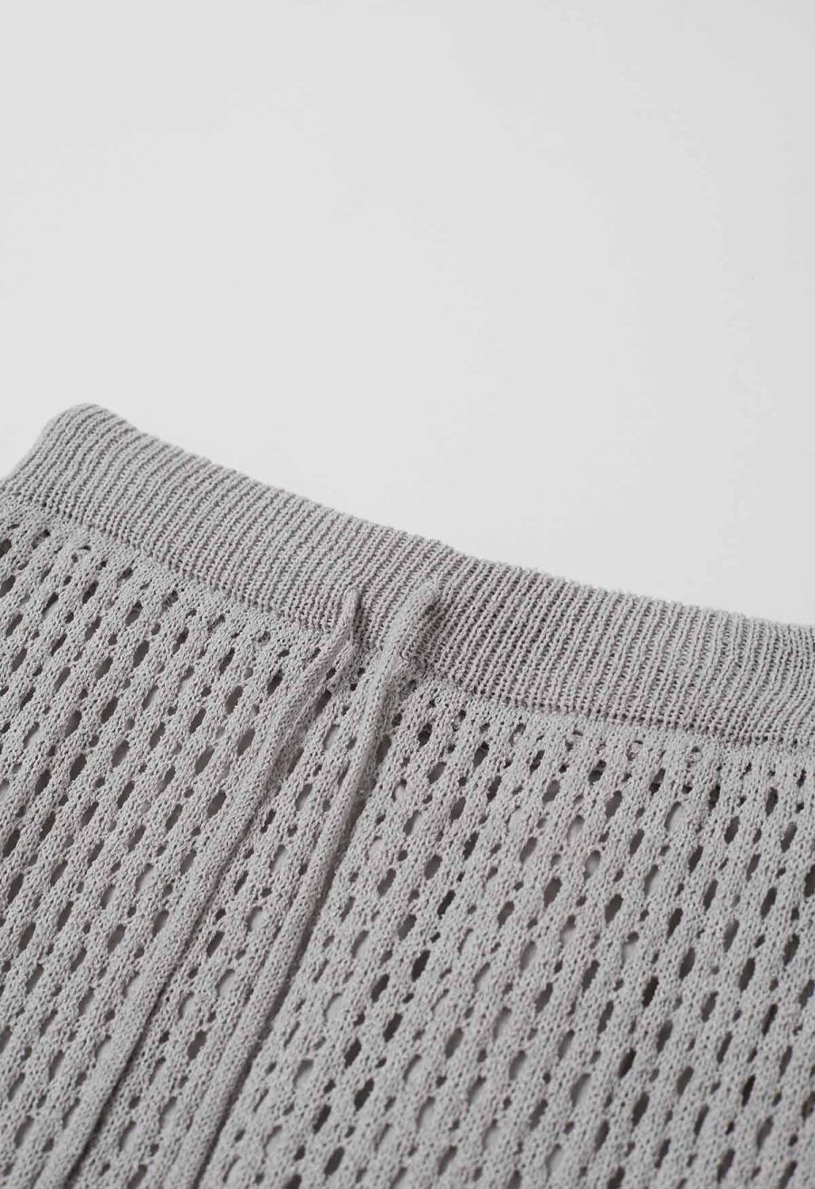 Hollow Out Rolled Hemline Drawstring Knit Maxi Skirt in Grey