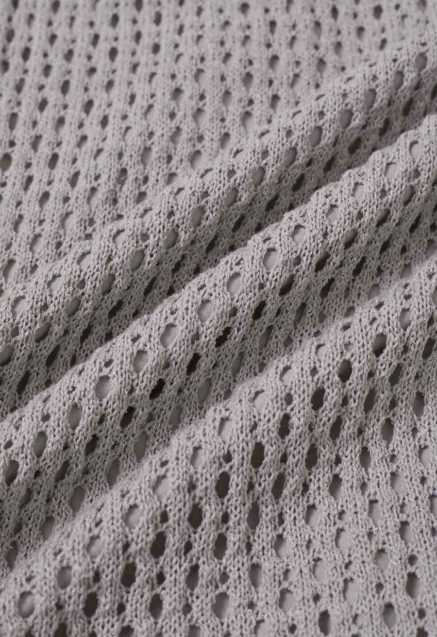 Hollow Out Rolled Hemline Drawstring Knit Maxi Skirt in Grey