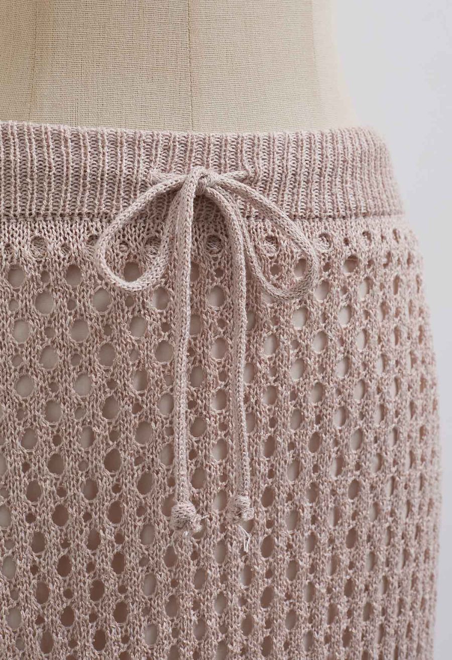 Hollow Out Rolled Hemline Drawstring Knit Maxi Skirt in Dusty Pink