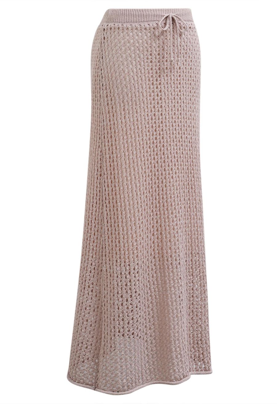 Hollow Out Rolled Hemline Drawstring Knit Maxi Skirt in Dusty Pink